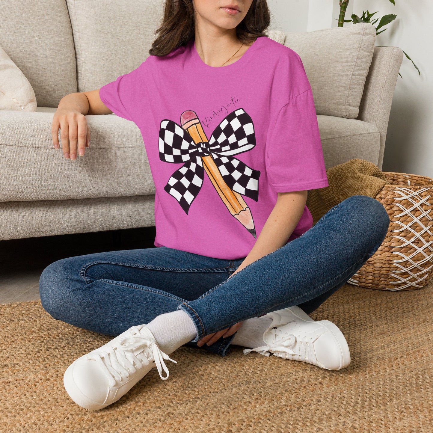 Kindergarten- Pencil & Checker Bow T‑Shirt — Teacher Collection