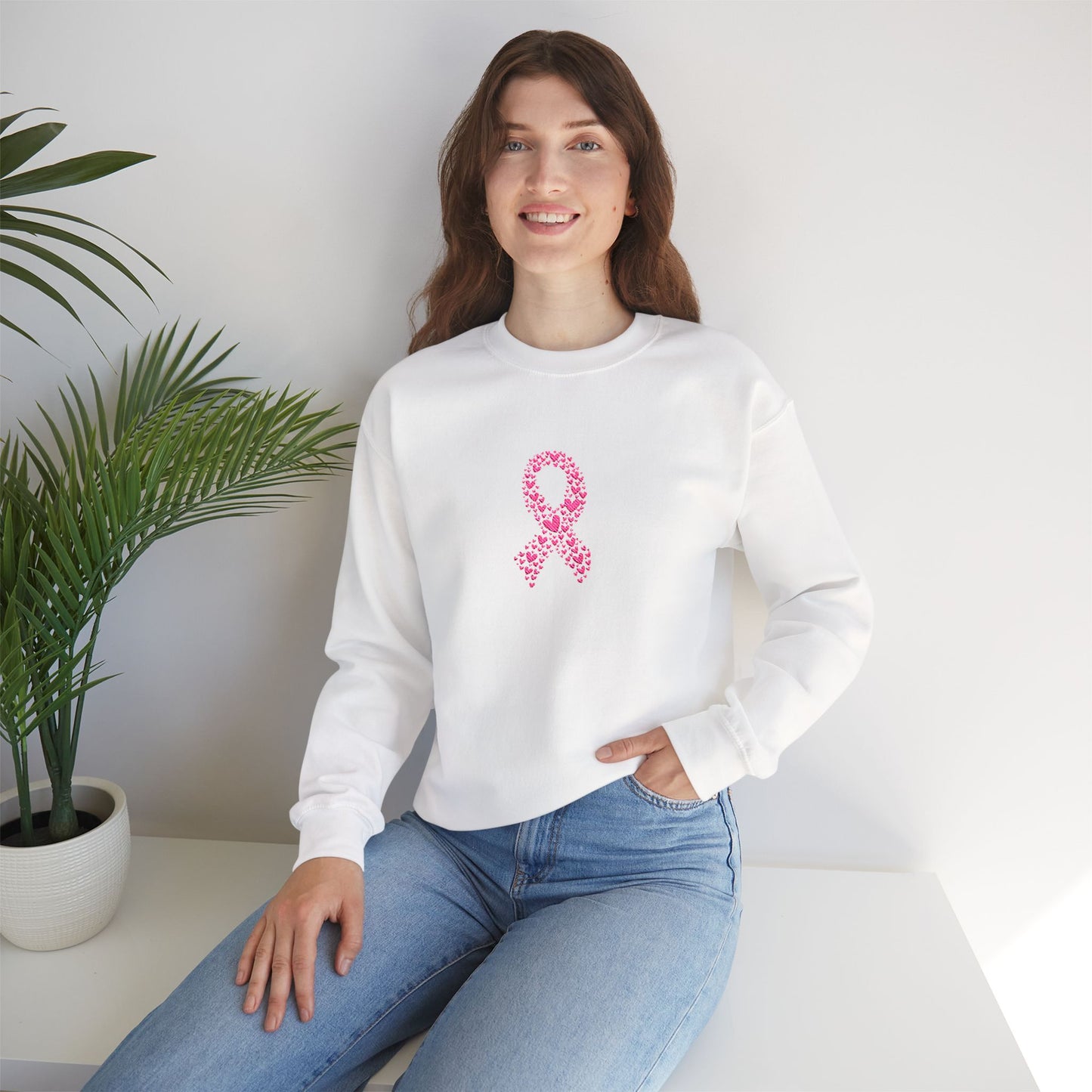 Embroidered Pink Ribbon Awareness Sweatshirt - Cozy Unisex Crewneck