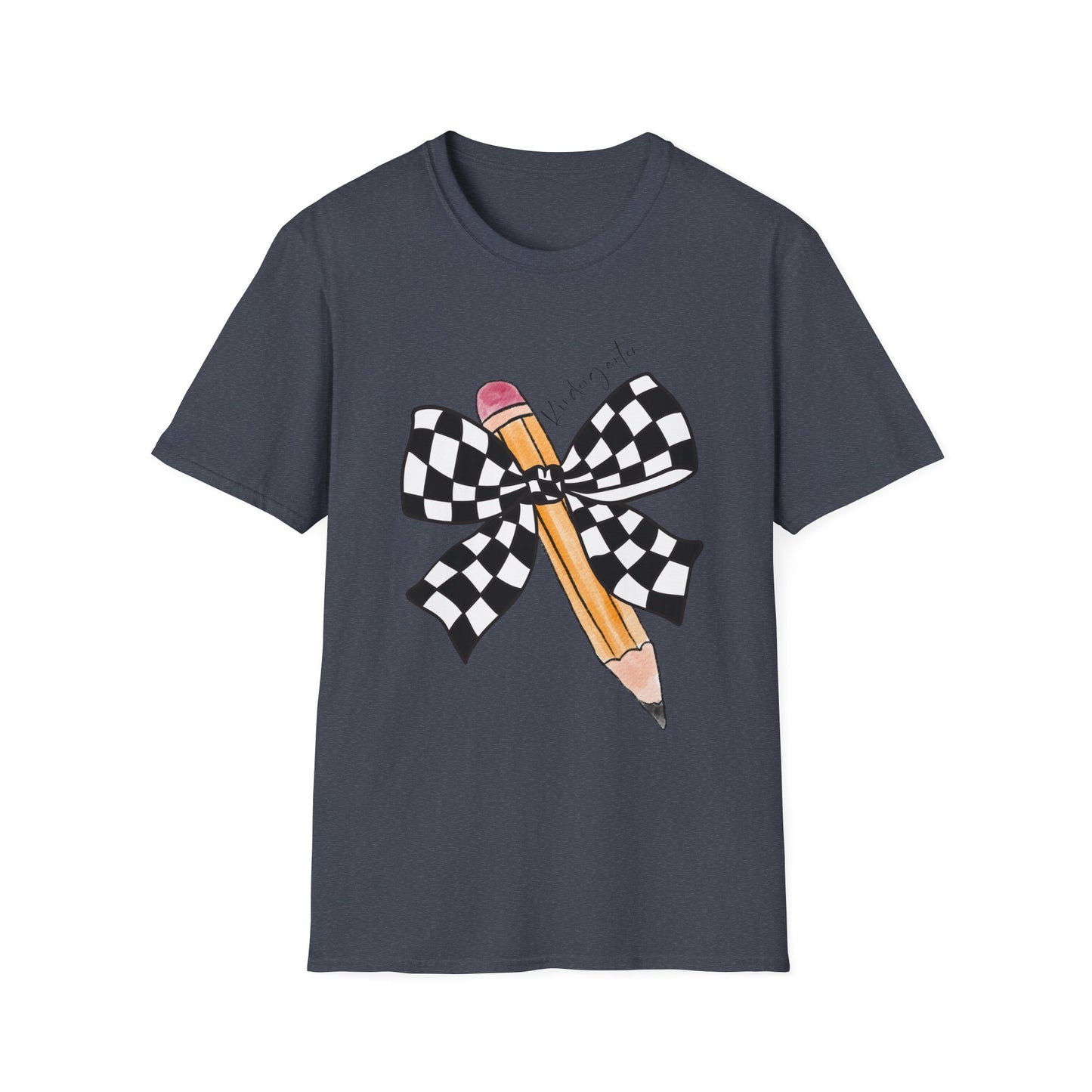 Kindergarten-Checkered Bow + Pencil- Teacher Tee- Softstyle Unisex Tee