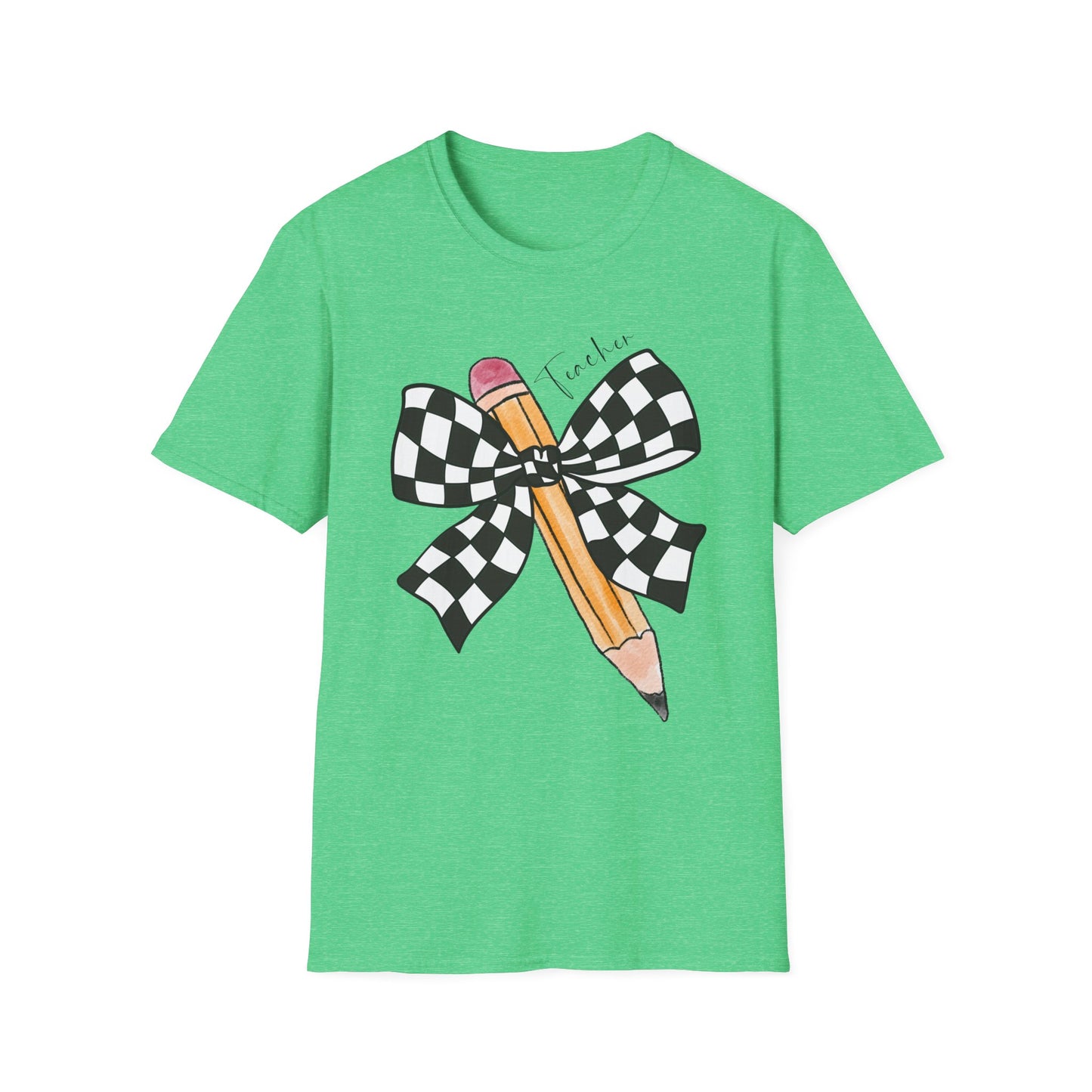 Checkered Bow + Pencil- Teacher Tee- Softstyle Unisex Tee