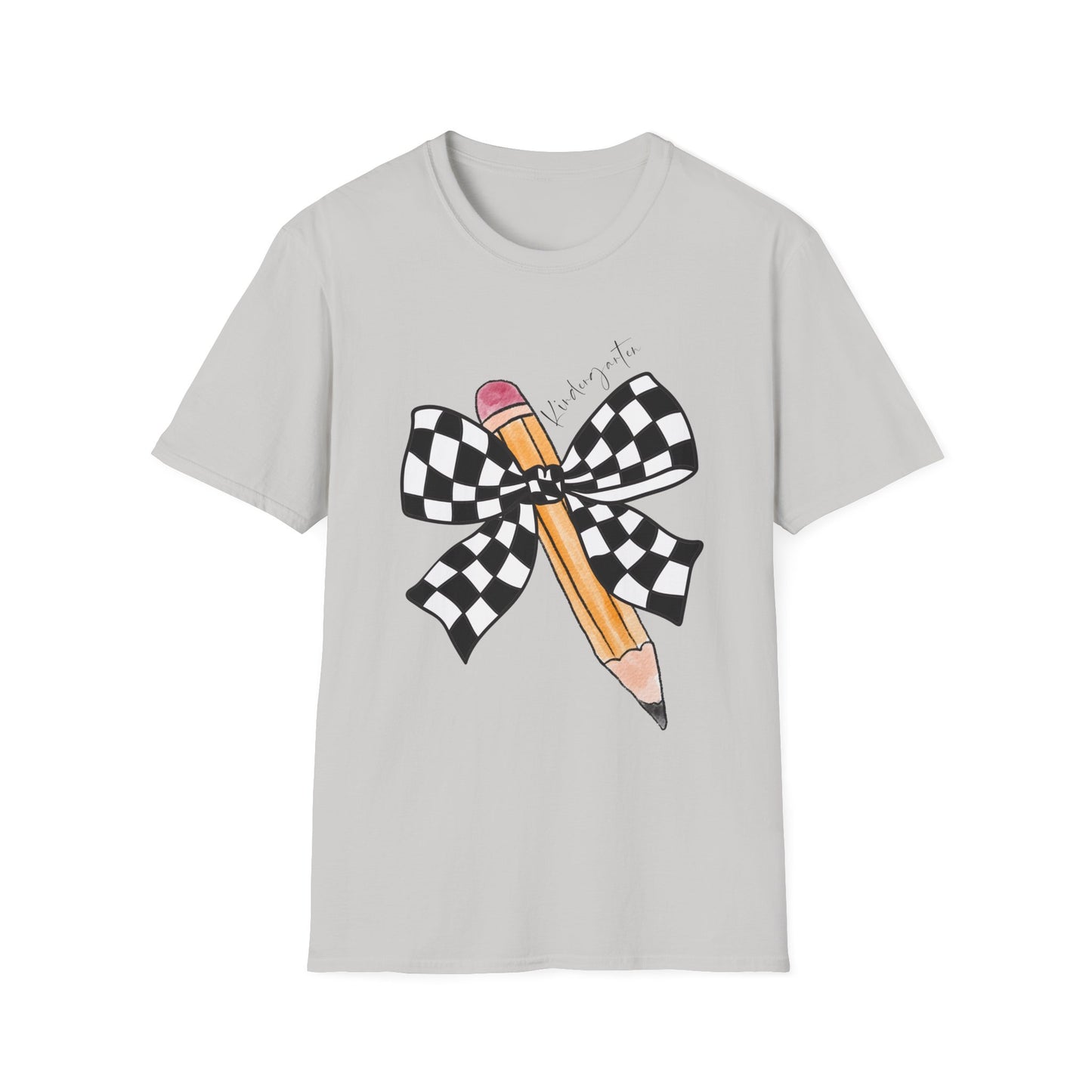 Kindergarten-Checkered Bow + Pencil- Teacher Tee- Softstyle Unisex Tee