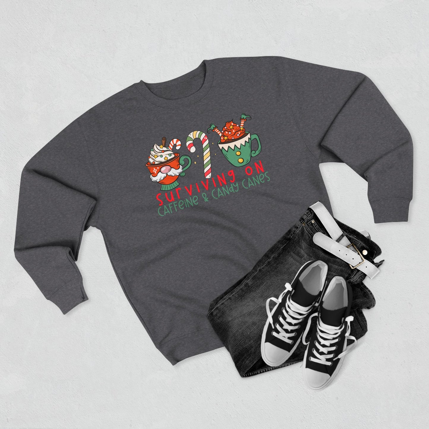 Surviving on Caffeine and Candy Canes -Unisex Crewneck Sweatshirt- Christmas