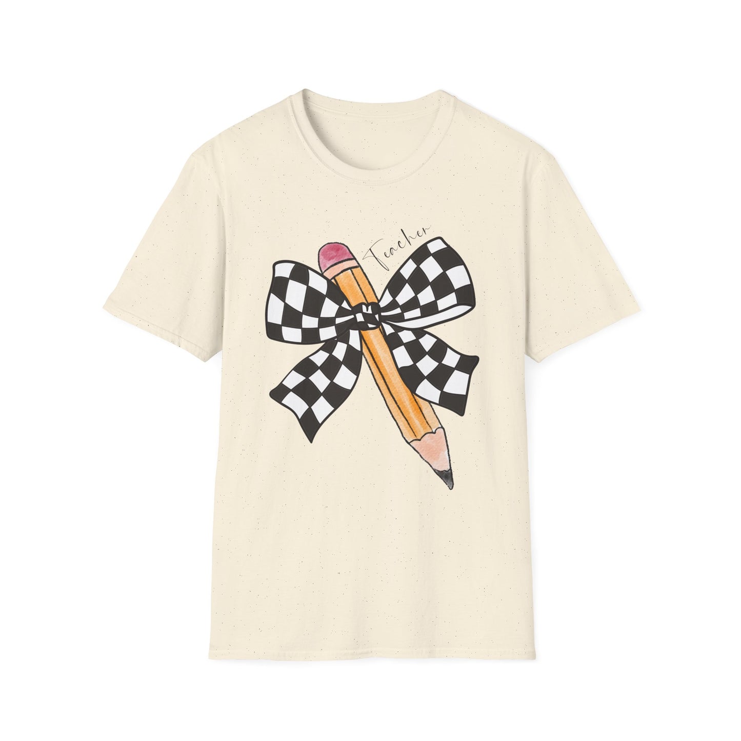 Checkered Bow + Pencil- Teacher Tee- Softstyle Unisex Tee