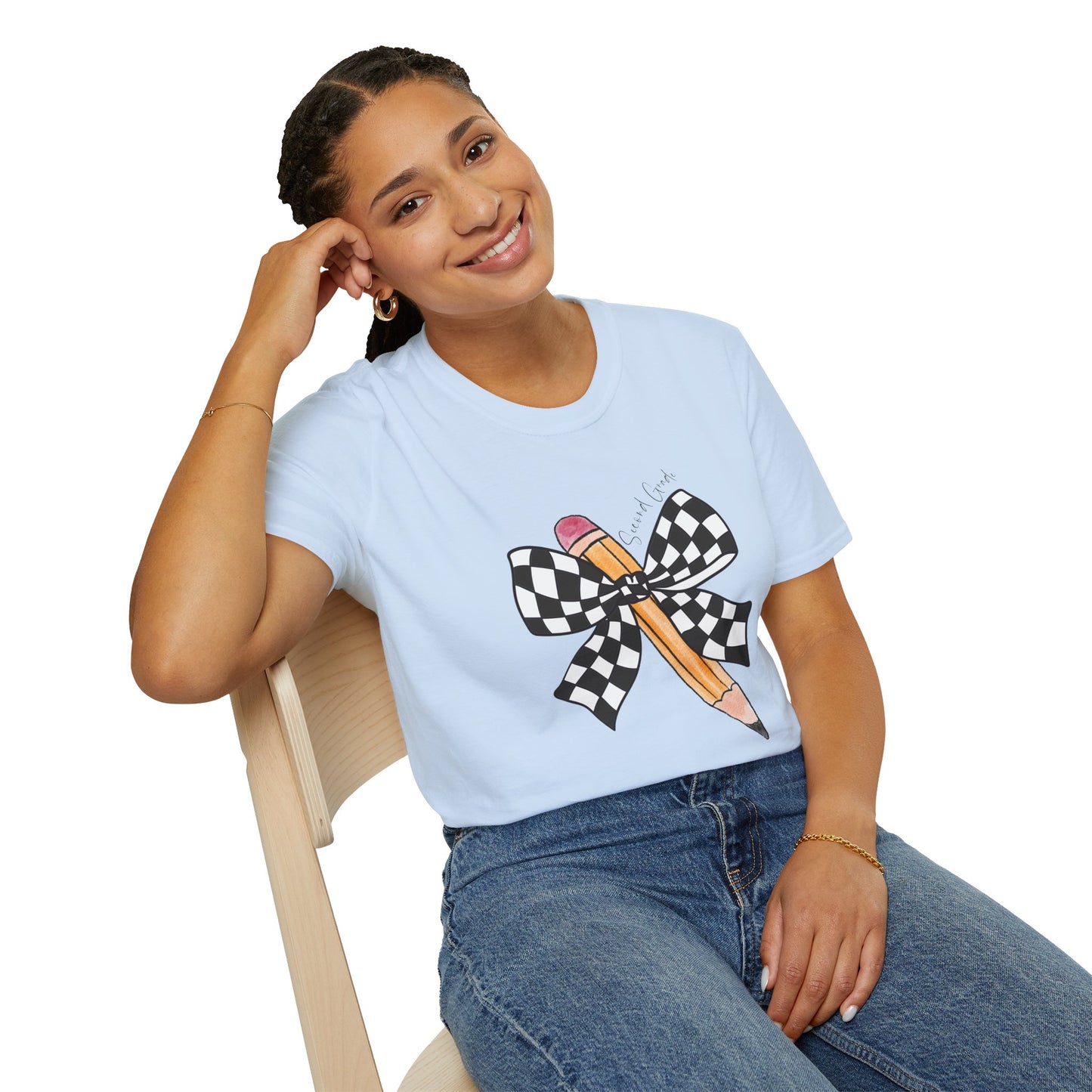 2nd Grade- Checkered Bow + Pencil- Teacher Tee- Softstyle Unisex Tee