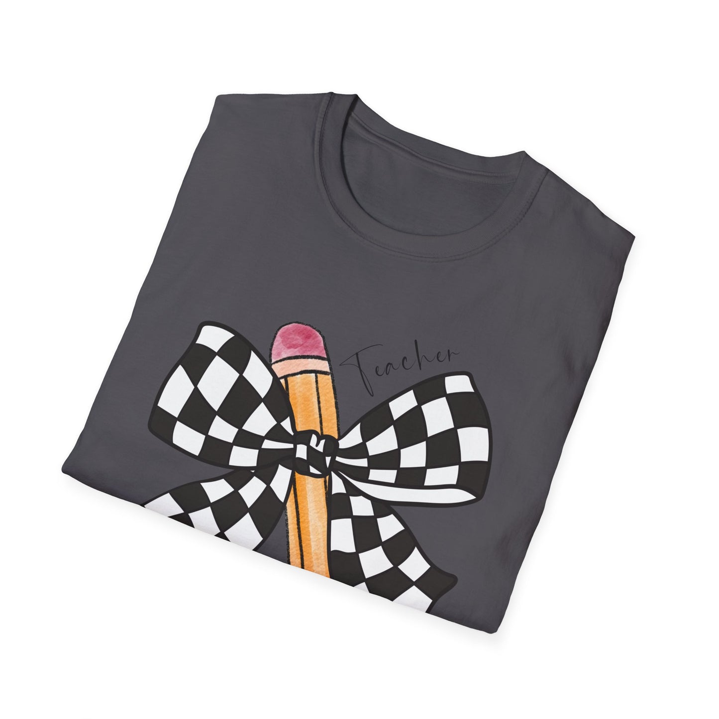 Checkered Bow + Pencil- Teacher Tee- Softstyle Unisex Tee