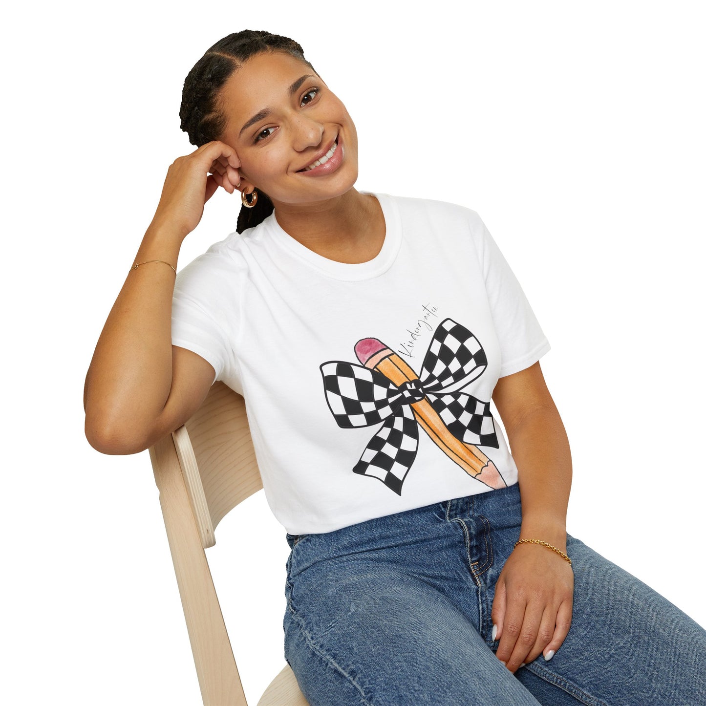 Kindergarten-Checkered Bow + Pencil- Teacher Tee- Softstyle Unisex Tee