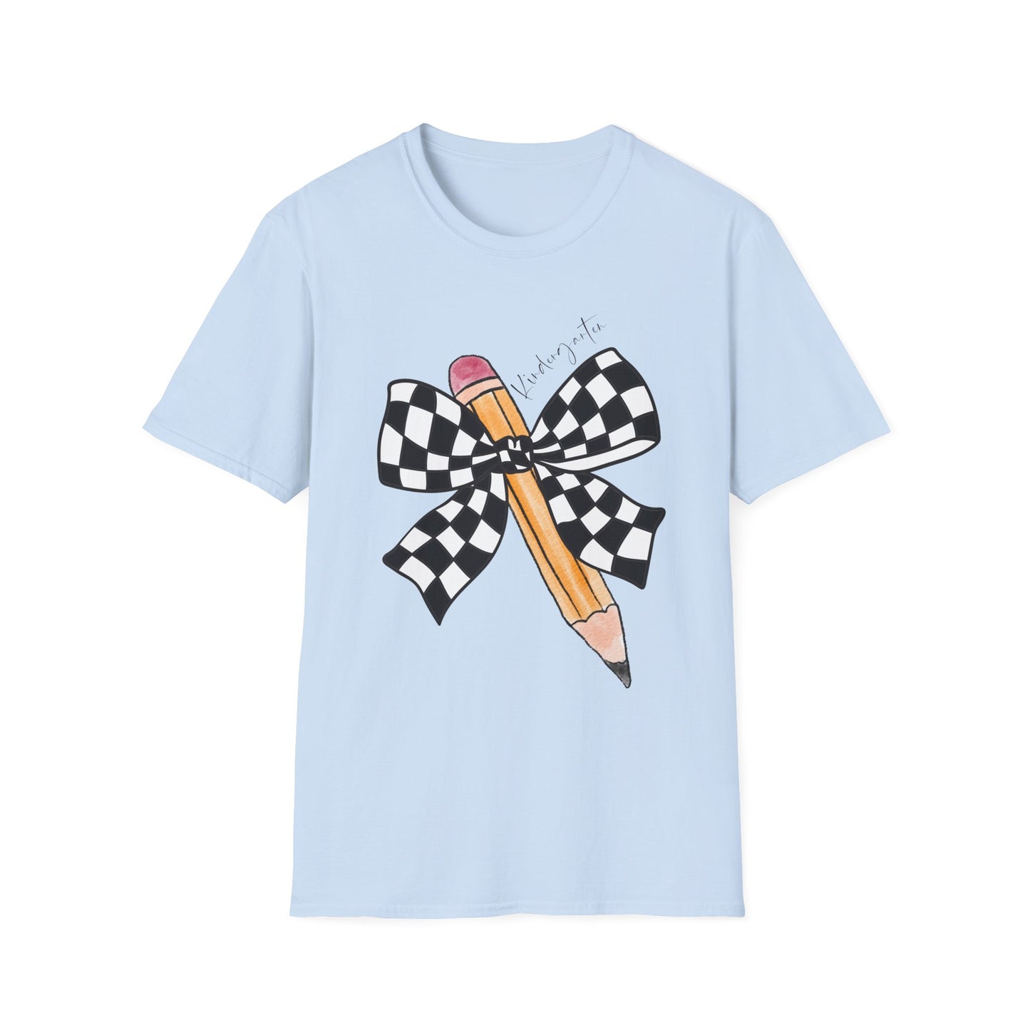 Kindergarten- Pencil & Checker Bow T‑Shirt — Teacher Collection