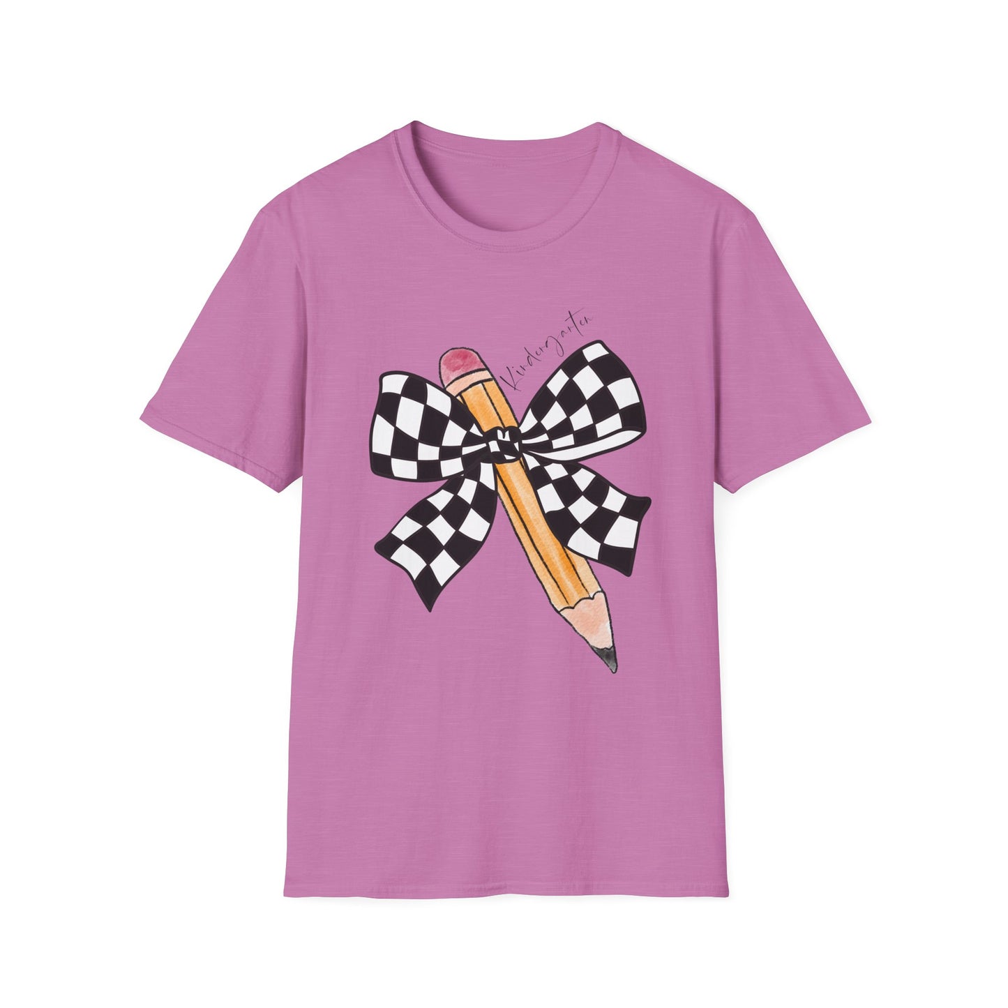 Kindergarten- Pencil & Checker Bow T‑Shirt — Teacher Collection