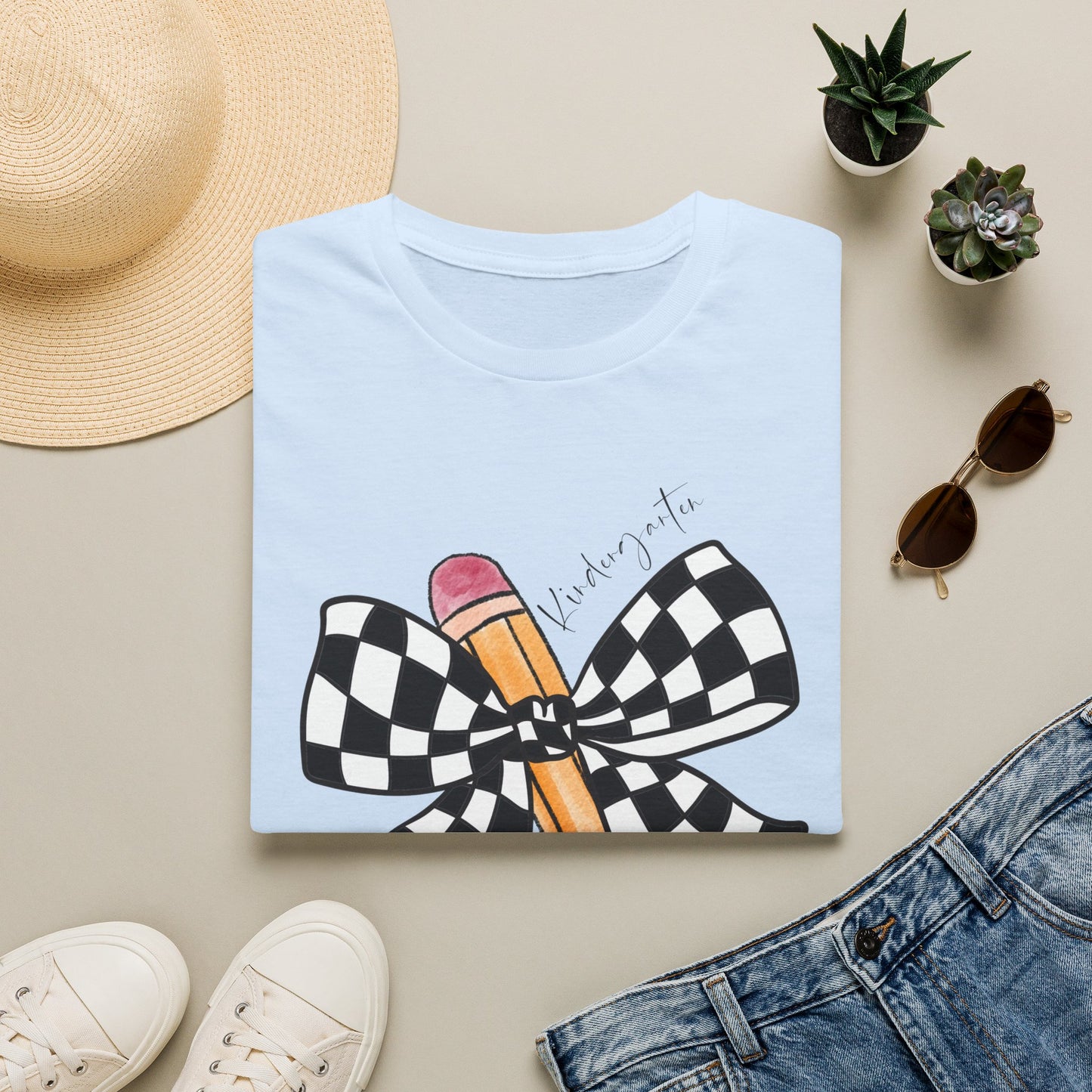 Kindergarten- Pencil & Checker Bow T‑Shirt — Teacher Collection
