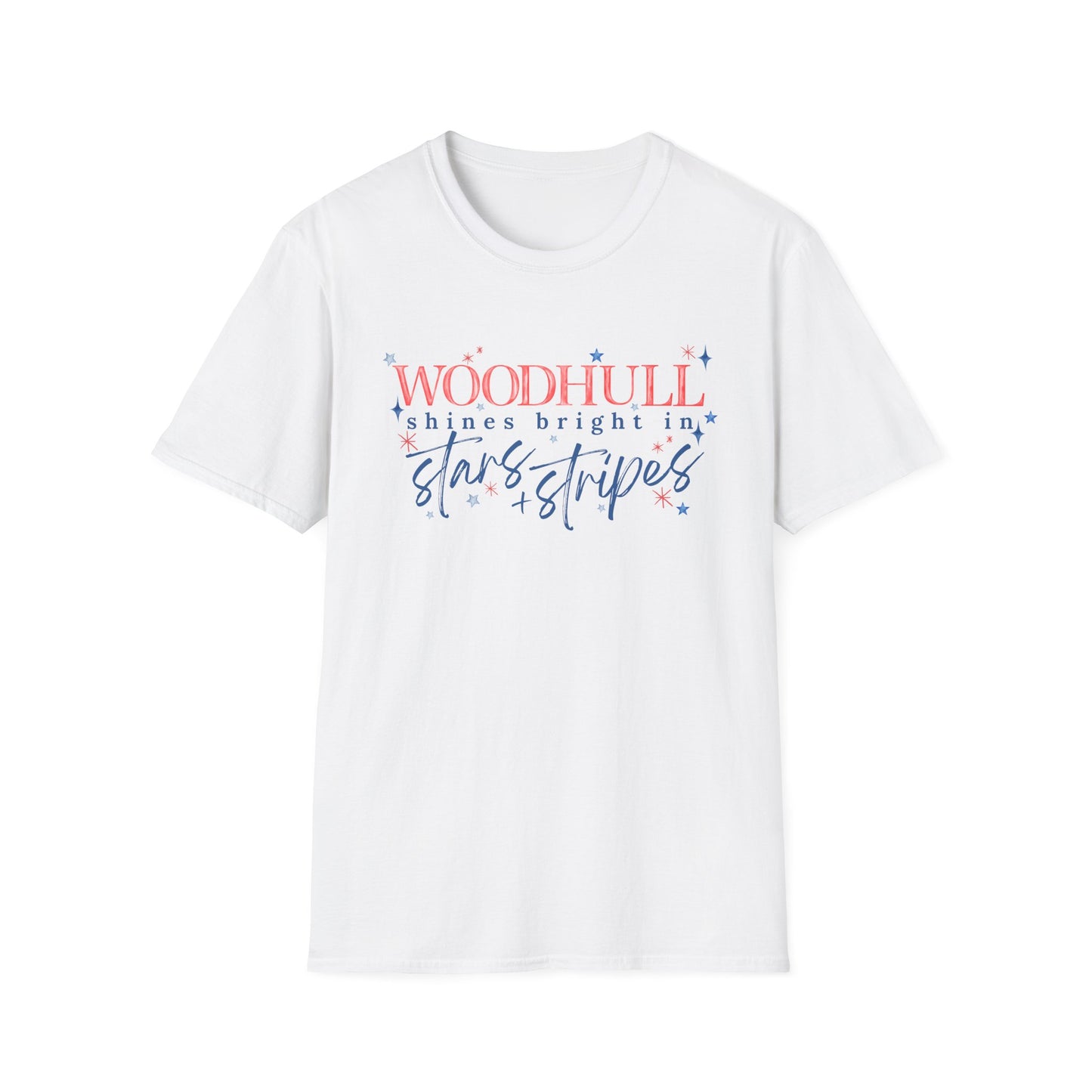 Flag Day Unisex Softstyle T-Shirt with Woodhull Shines Bright in Stars + Stripes Design- Holiday