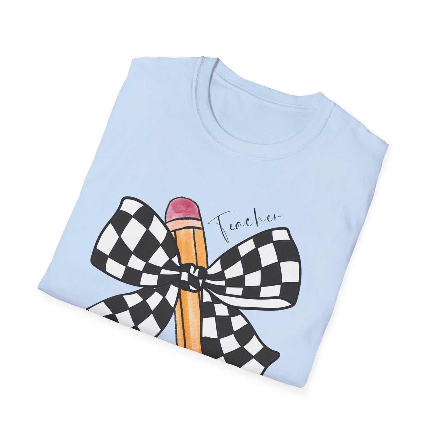 Checkered Bow + Pencil- Teacher Tee- Softstyle Unisex Tee