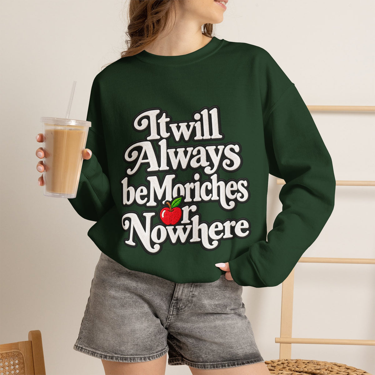 "Moriches or Nowhere" w/ apple- LARGE FRONT Crewneck Sweatshirt