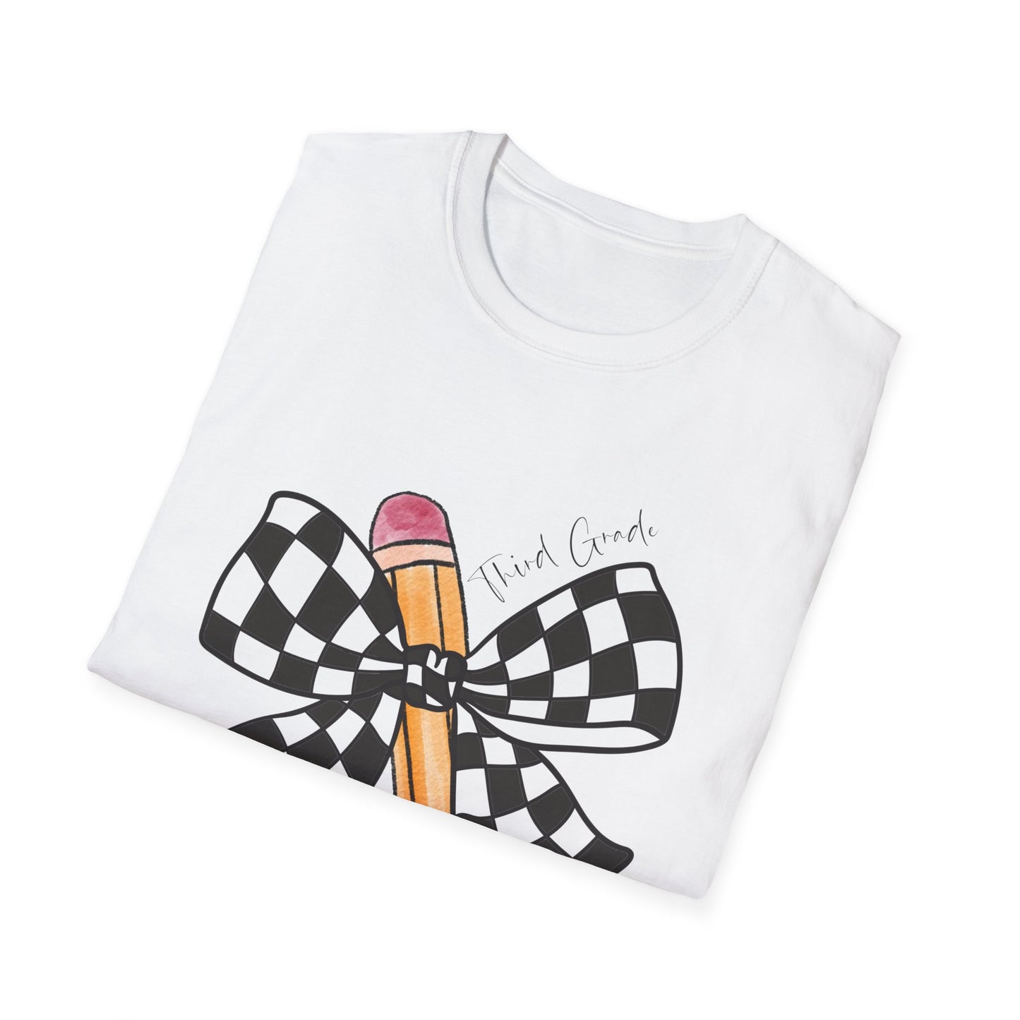 3rd Grade- Checkered Bow + Pencil- Teacher Tee- Softstyle Unisex Tee