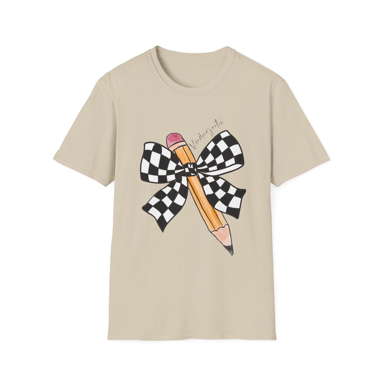 Kindergarten-Checkered Bow + Pencil- Teacher Tee- Softstyle Unisex Tee