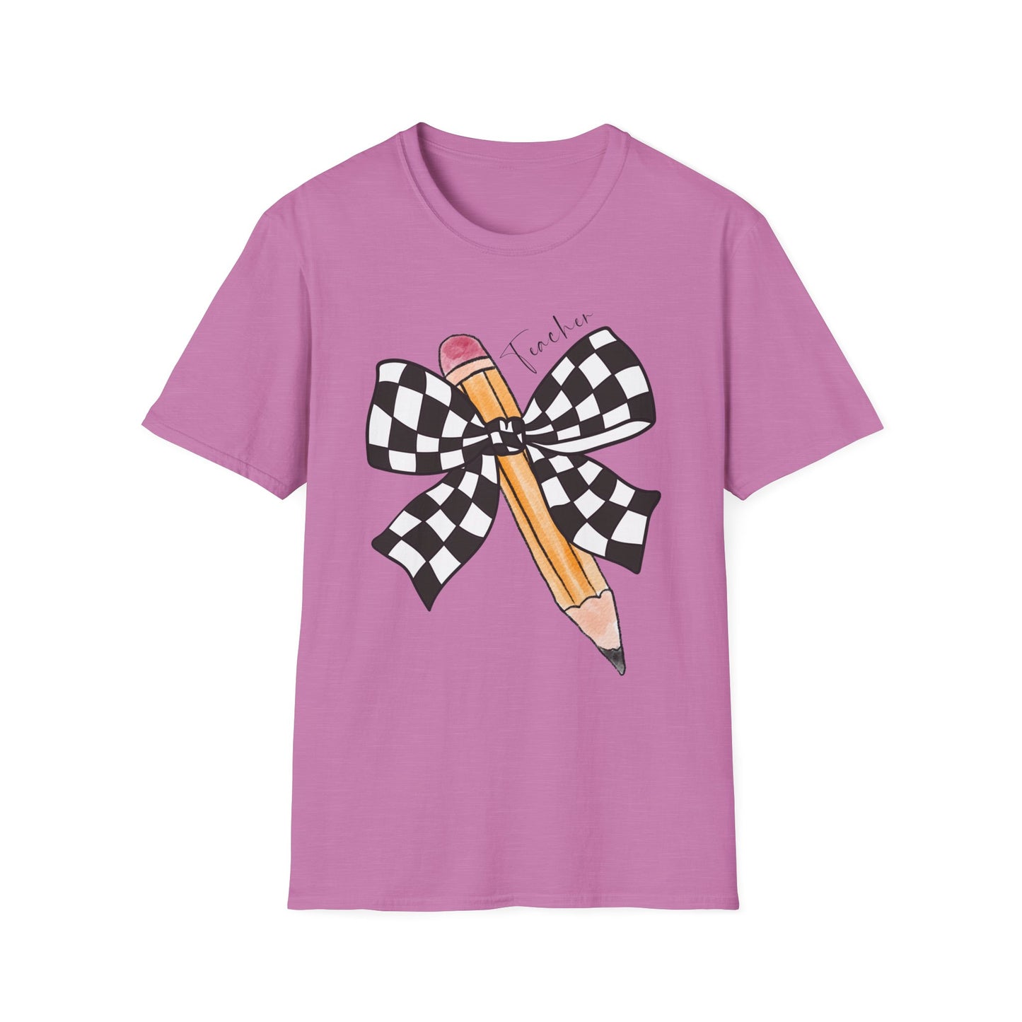 Checkered Bow + Pencil- Teacher Tee- Softstyle Unisex Tee