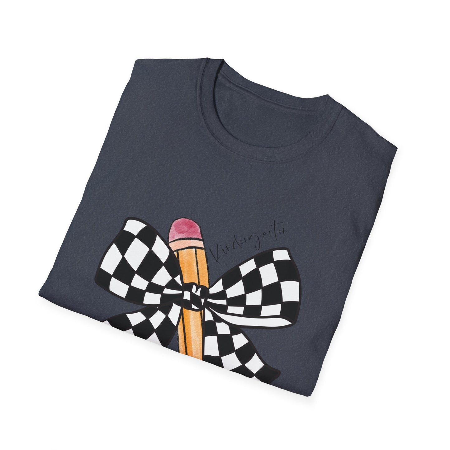 Kindergarten-Checkered Bow + Pencil- Teacher Tee- Softstyle Unisex Tee