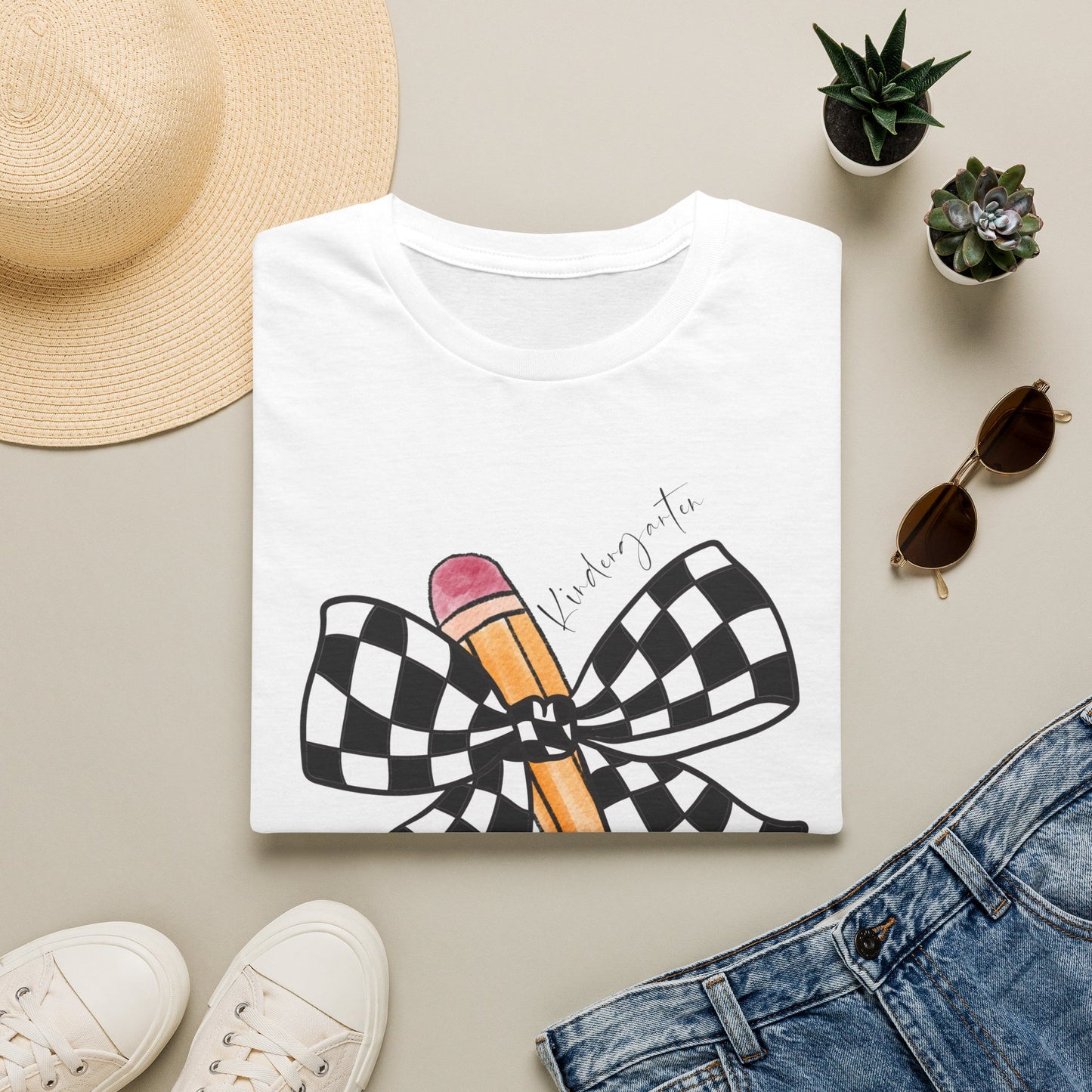 Kindergarten- Pencil & Checker Bow T‑Shirt — Teacher Collection