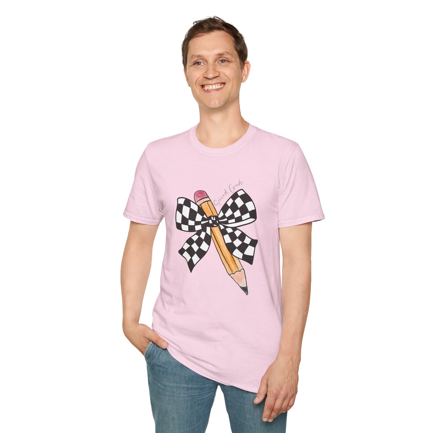 2nd Grade- Checkered Bow + Pencil- Teacher Tee- Softstyle Unisex Tee