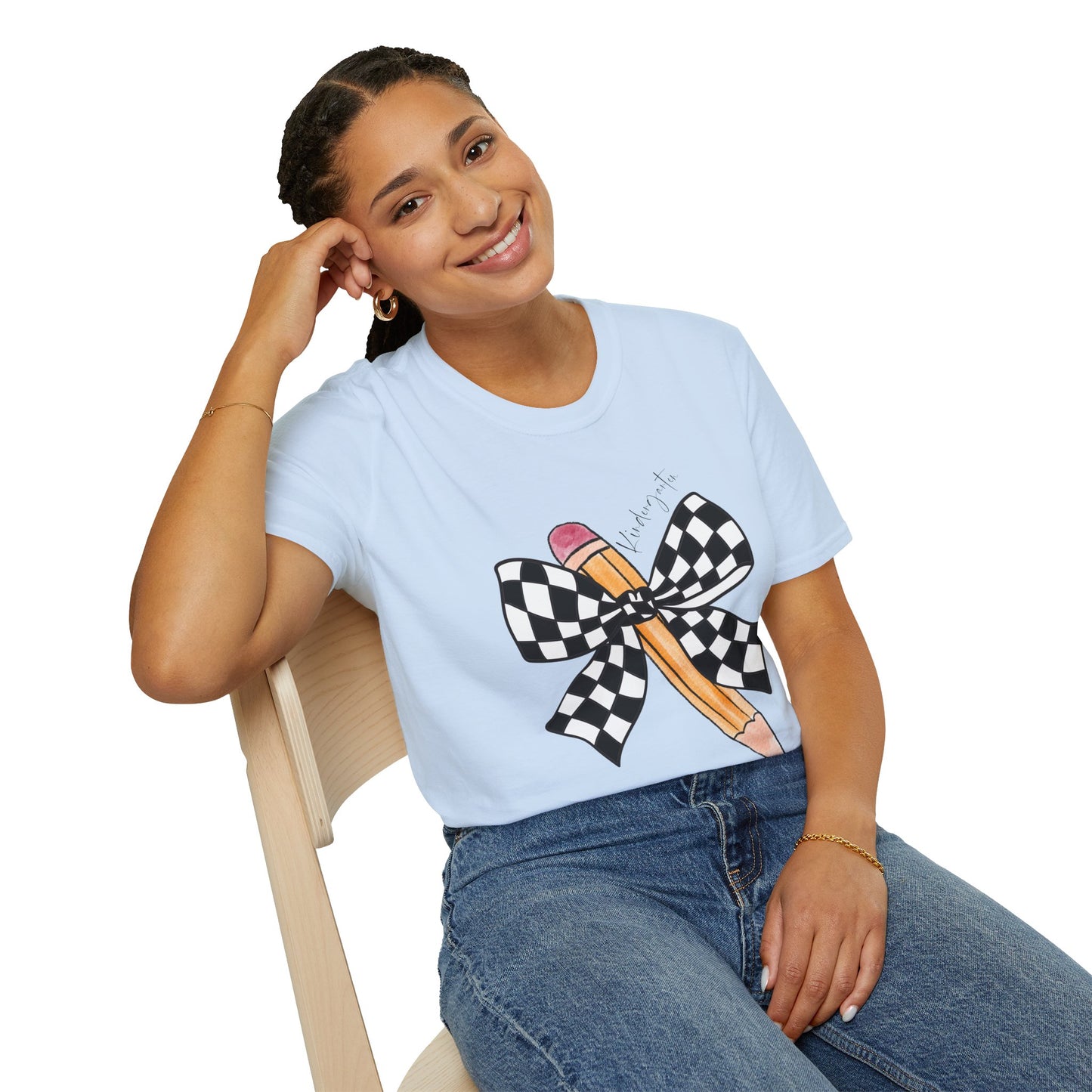 Kindergarten-Checkered Bow + Pencil- Teacher Tee- Softstyle Unisex Tee