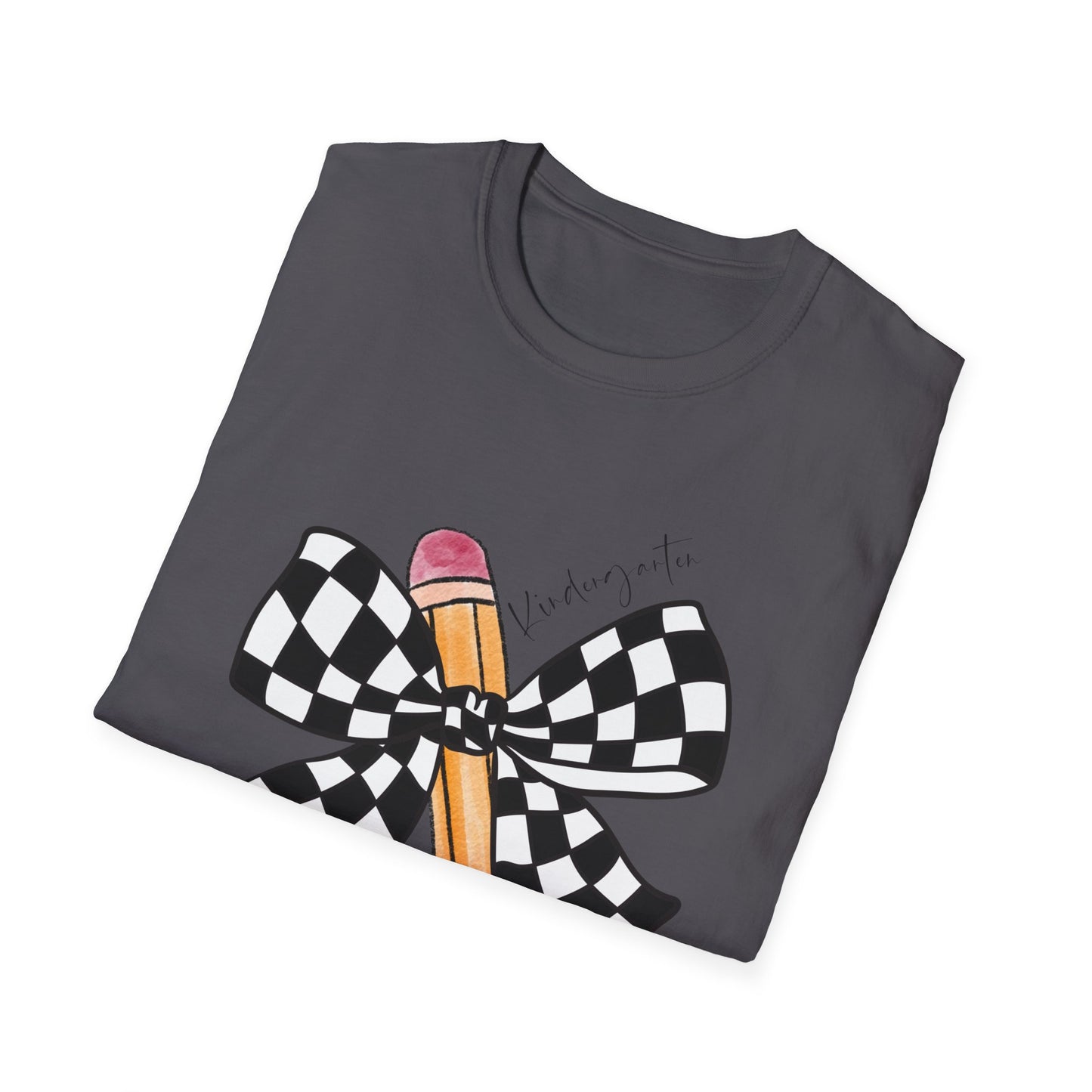 Kindergarten-Checkered Bow + Pencil- Teacher Tee- Softstyle Unisex Tee