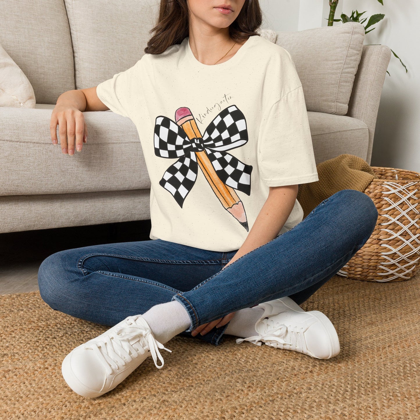 Kindergarten- Pencil & Checker Bow T‑Shirt — Teacher Collection