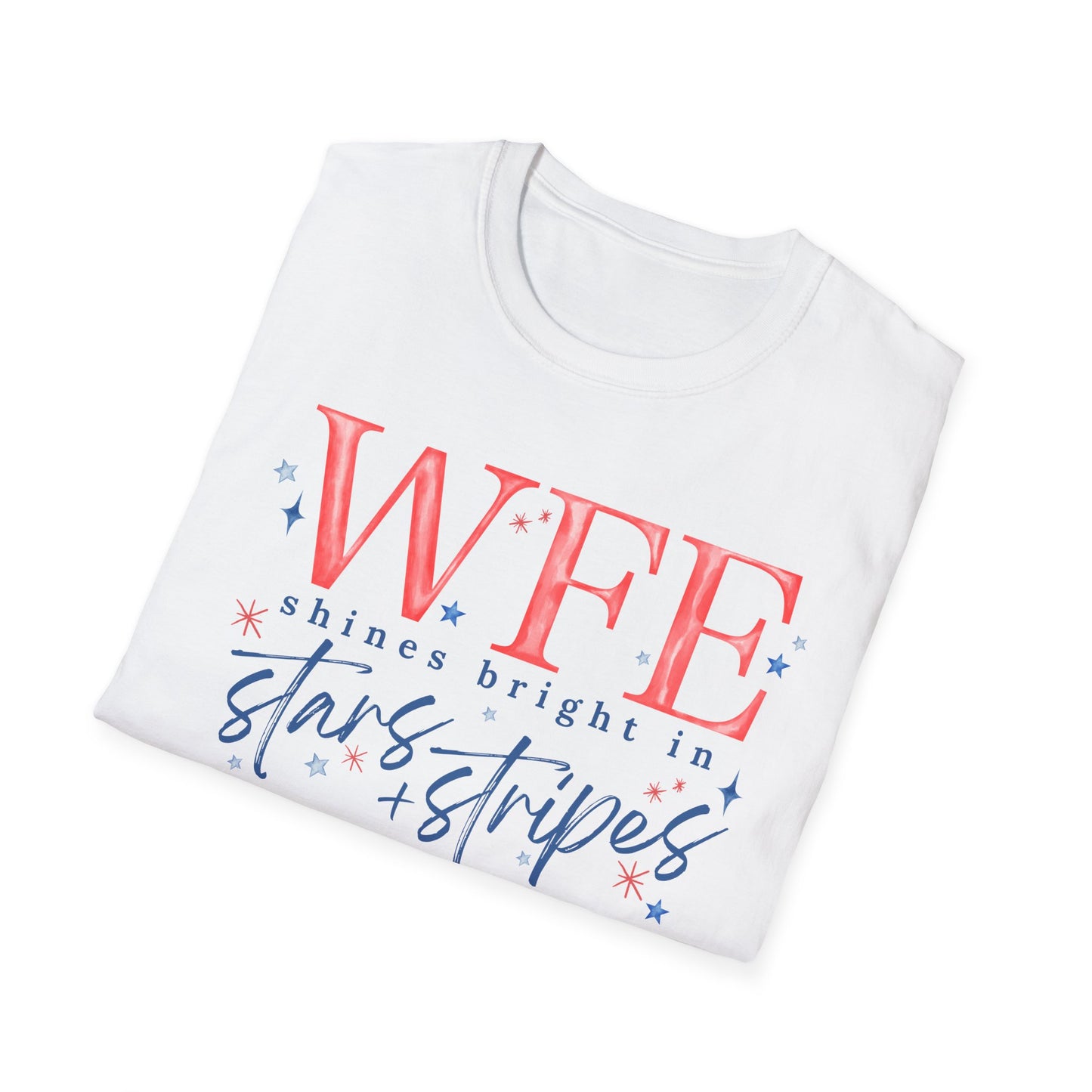 Flag Day Unisex Softstyle T-Shirt with WFE Shines Bright in Stars + Stripes Design- Holiday
