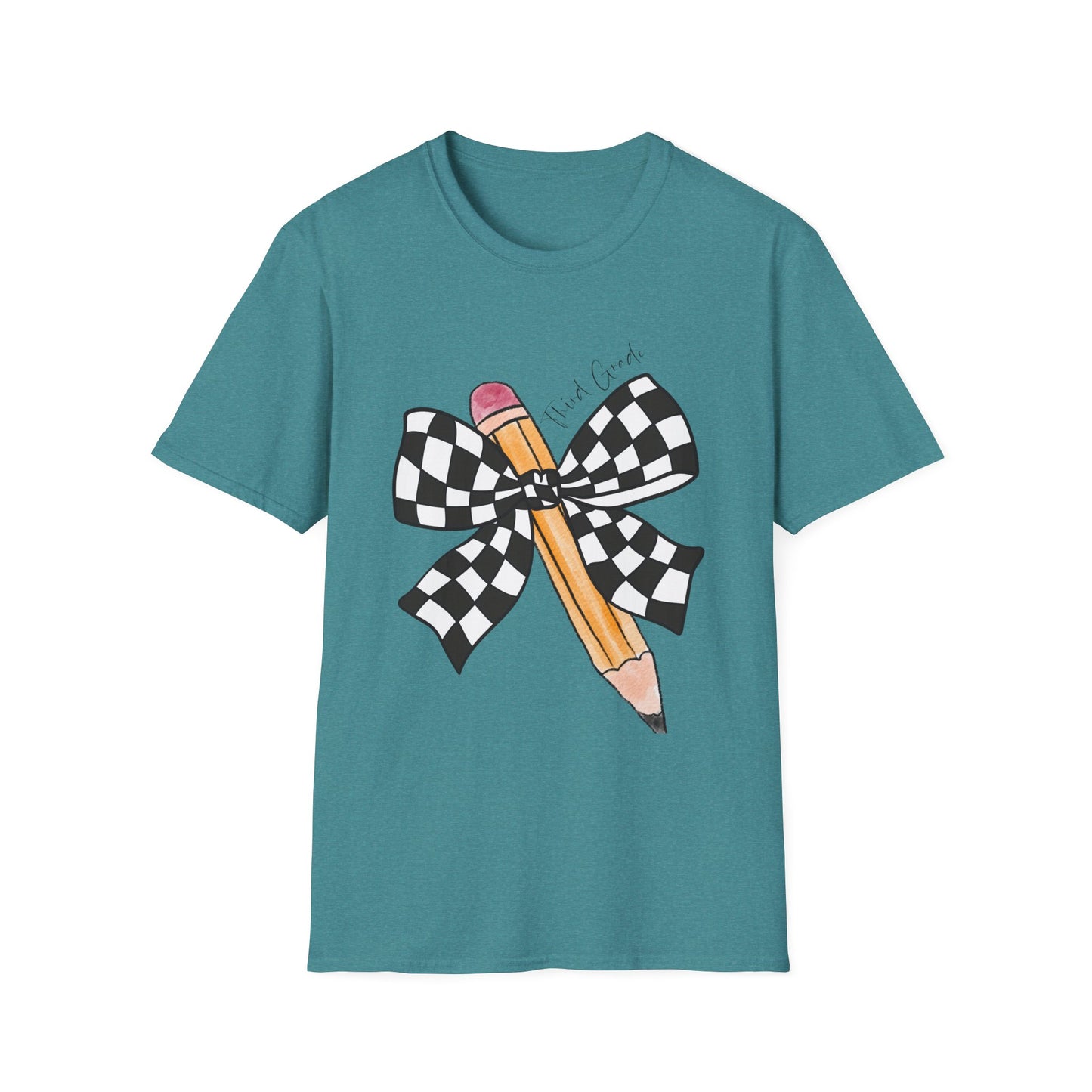3rd Grade- Checkered Bow + Pencil- Teacher Tee- Softstyle Unisex Tee