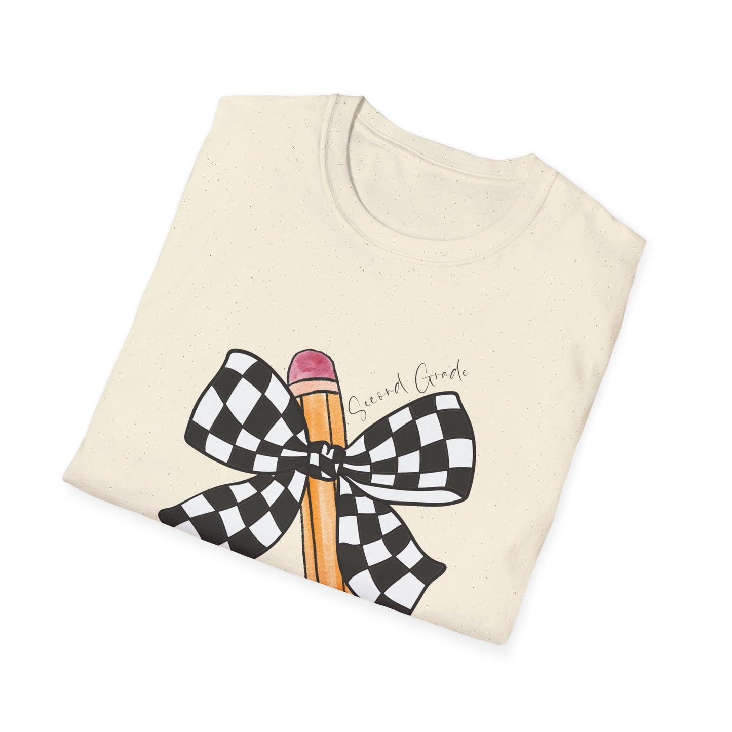 2nd Grade- Checkered Bow + Pencil- Teacher Tee- Softstyle Unisex Tee