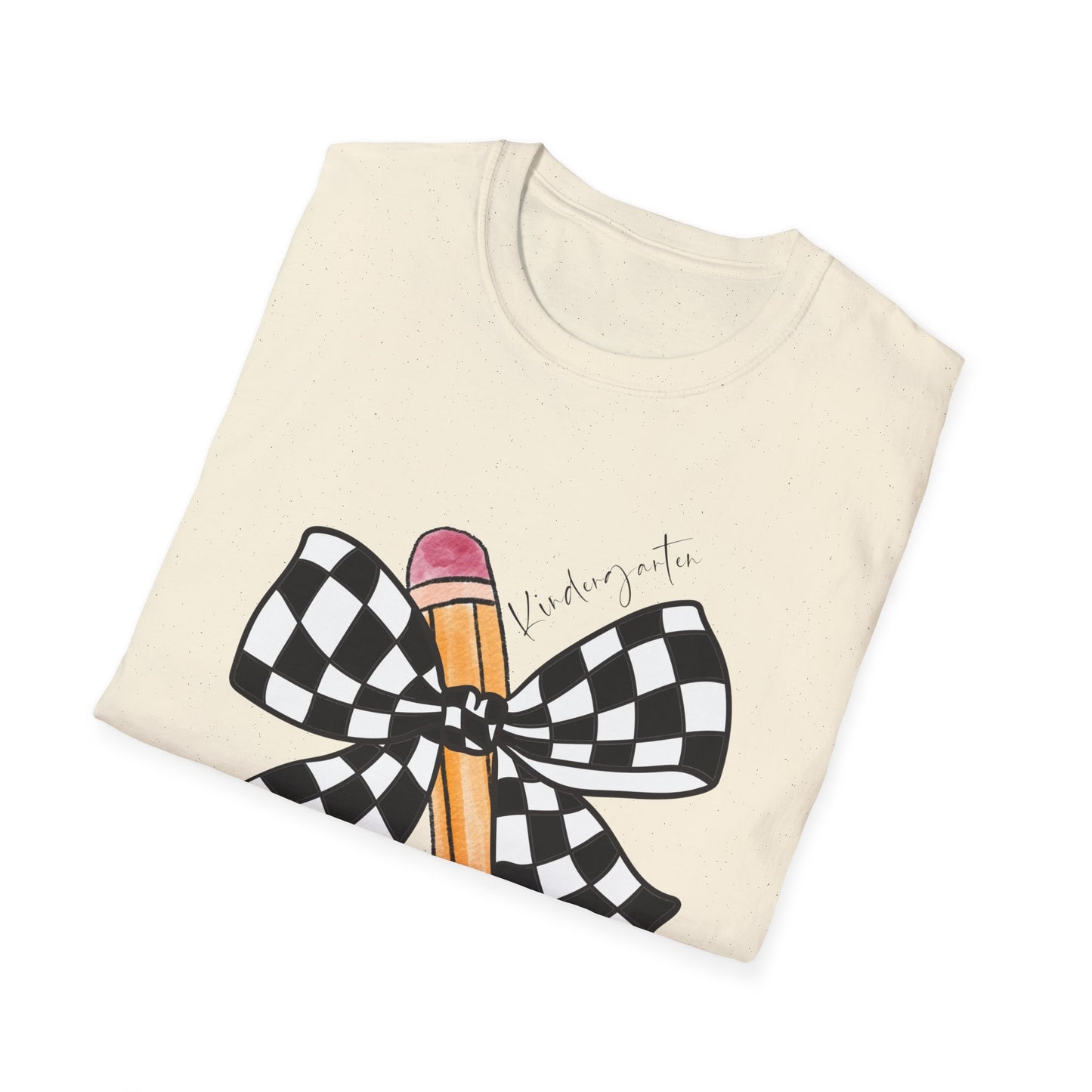 Kindergarten-Checkered Bow + Pencil- Teacher Tee- Softstyle Unisex Tee