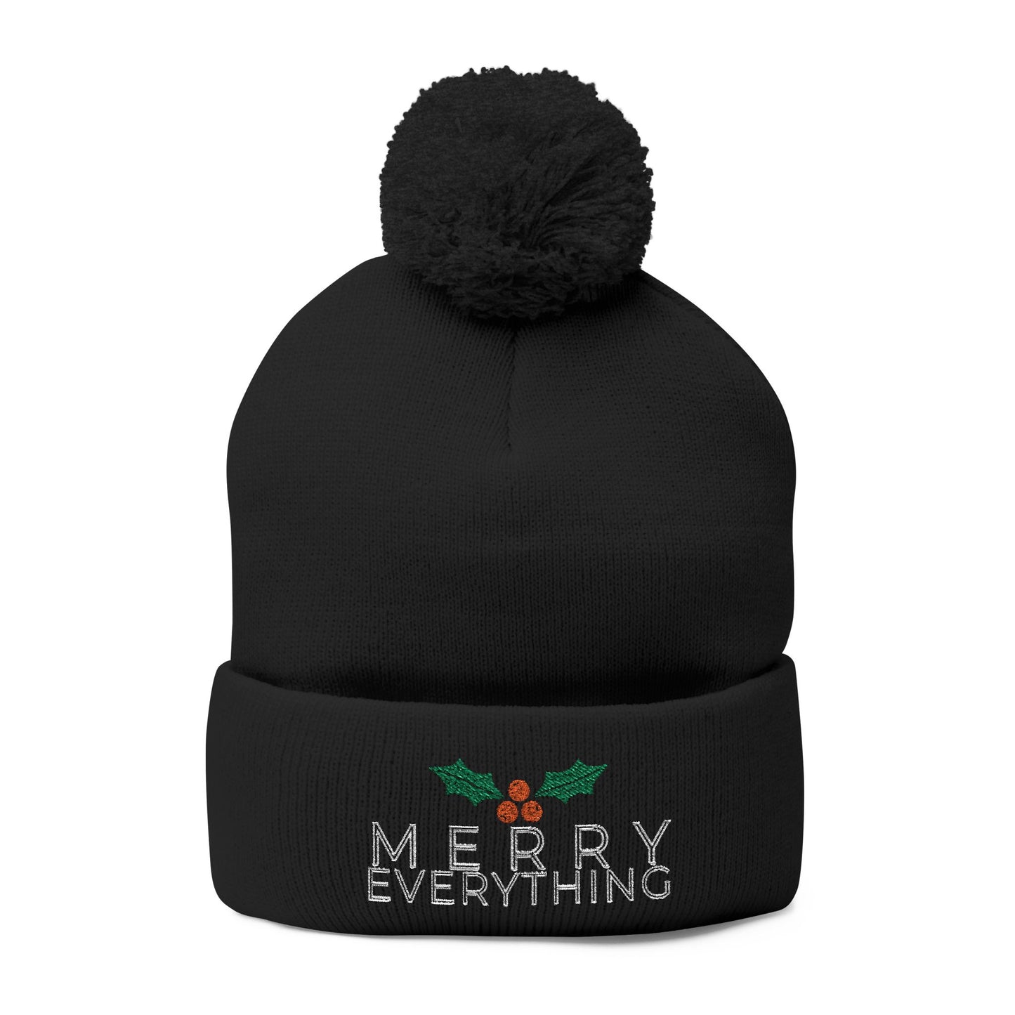 Merry Everything Pom-Pom Beanie — Embroidered Christmas Knit Cap