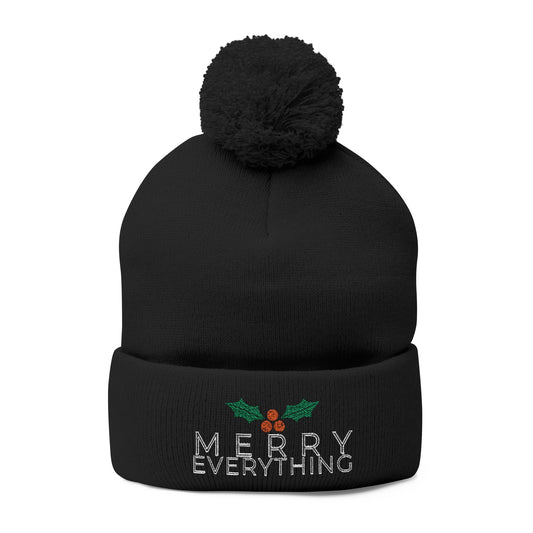 Merry Everything Pom-Pom Beanie — Embroidered Christmas Knit Cap