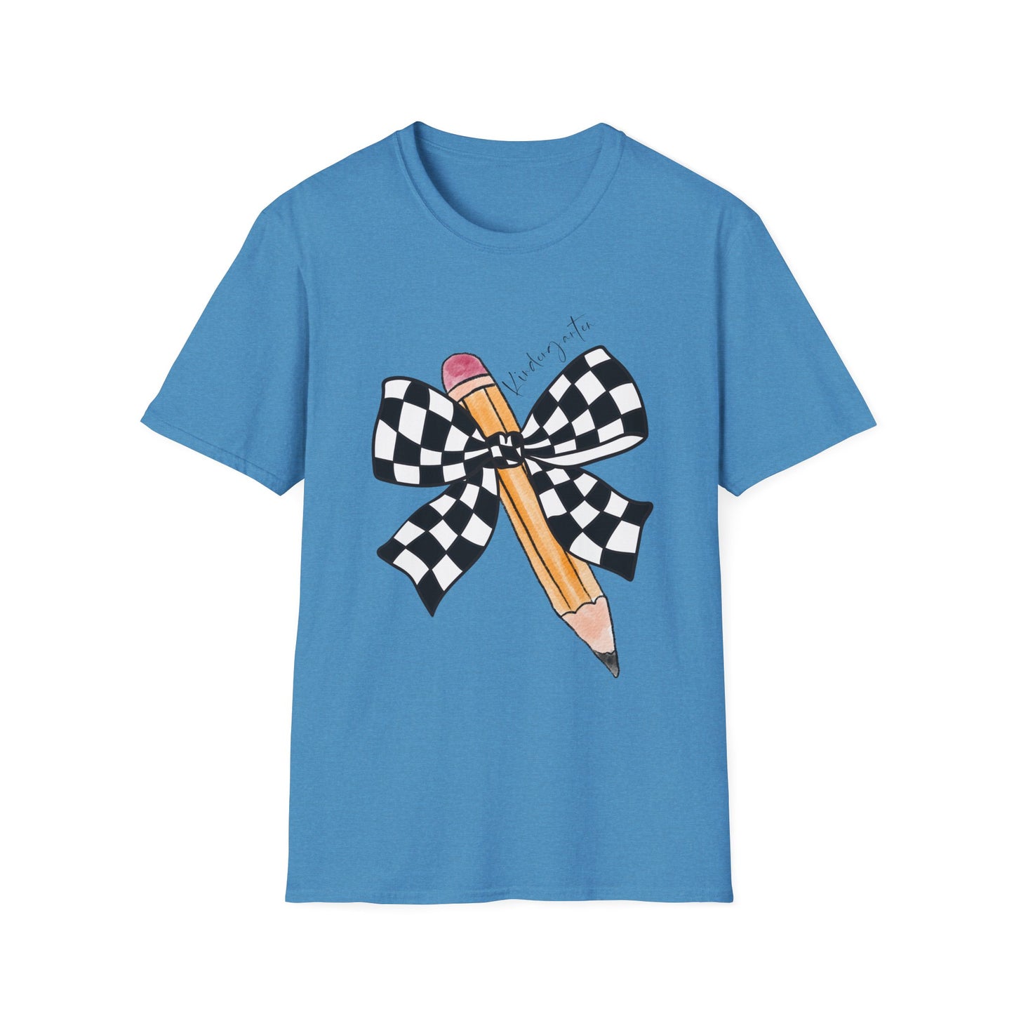 Kindergarten-Checkered Bow + Pencil- Teacher Tee- Softstyle Unisex Tee