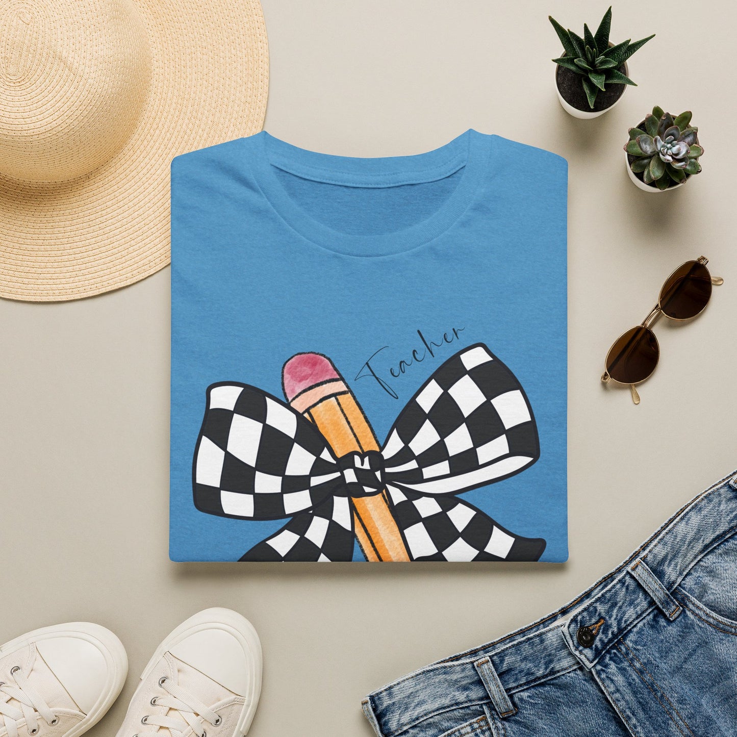 Checkered Bow + Pencil- Teacher Tee- Softstyle Unisex Tee