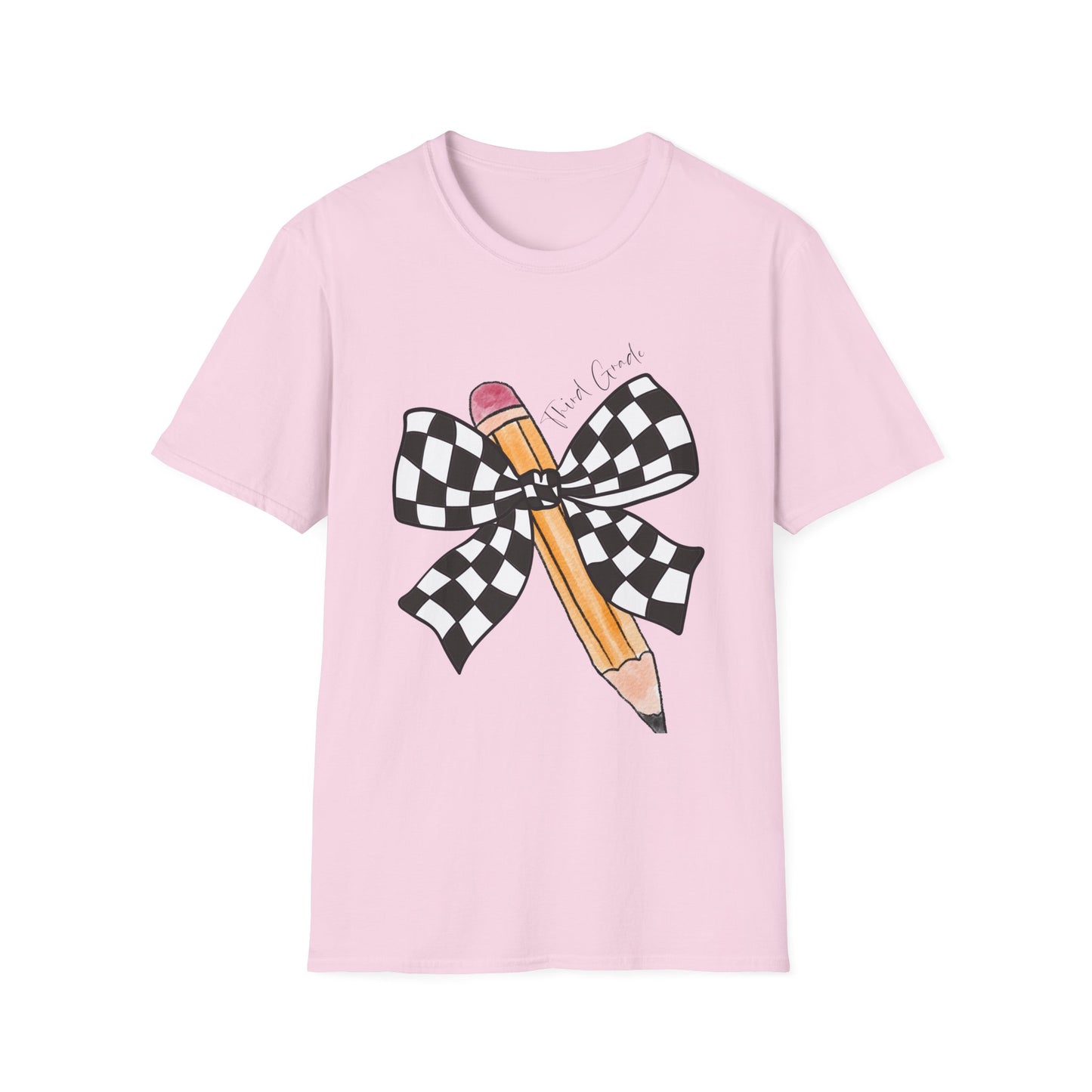 3rd Grade- Checkered Bow + Pencil- Teacher Tee- Softstyle Unisex Tee