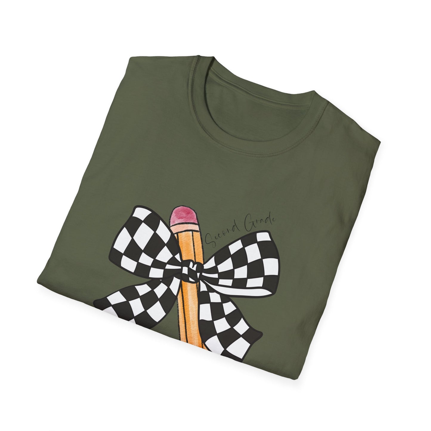 2nd Grade- Checkered Bow + Pencil- Teacher Tee- Softstyle Unisex Tee