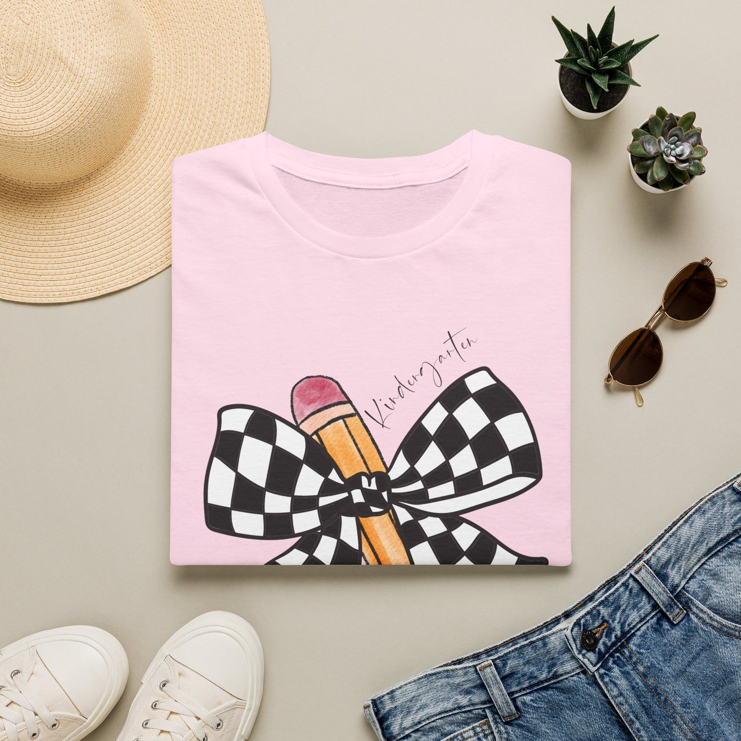 Kindergarten- Pencil & Checker Bow T‑Shirt — Teacher Collection