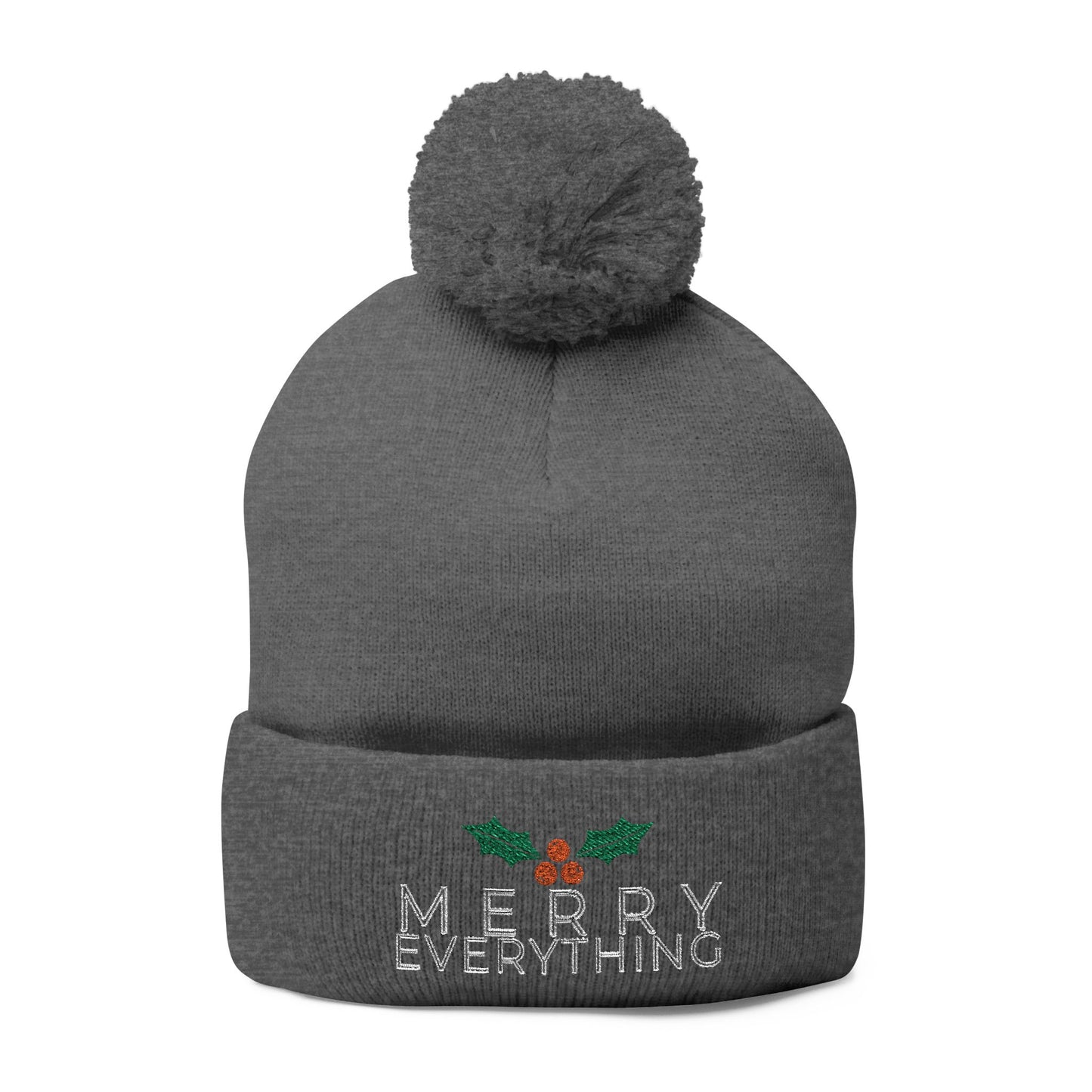Merry Everything Pom-Pom Beanie — Embroidered Christmas Knit Cap
