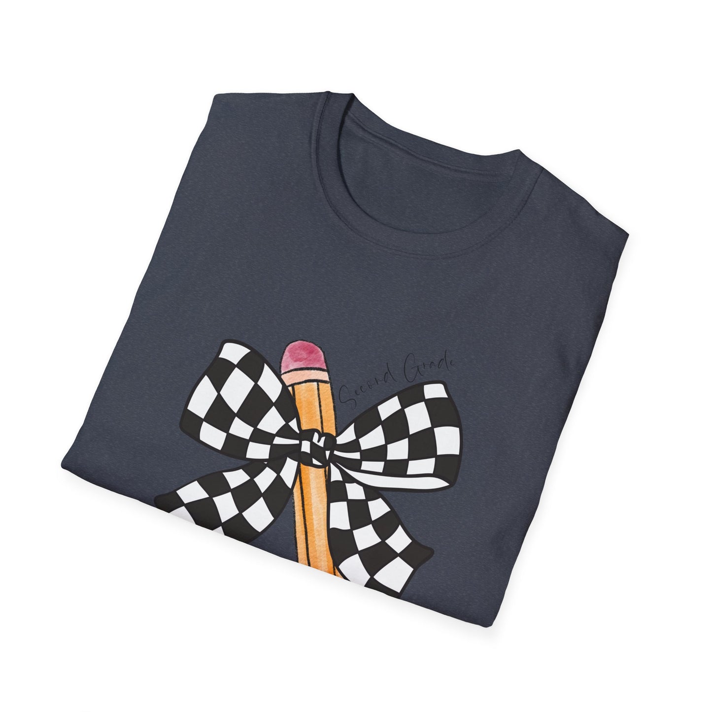 2nd Grade- Checkered Bow + Pencil- Teacher Tee- Softstyle Unisex Tee
