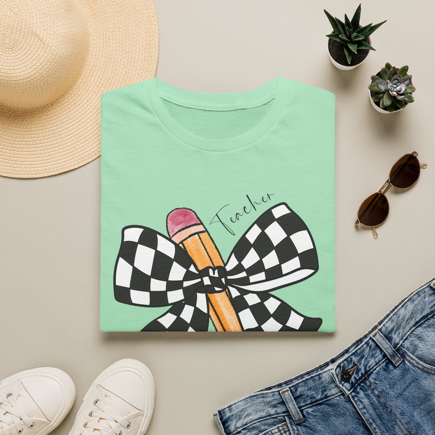 Checkered Bow + Pencil- Teacher Tee- Softstyle Unisex Tee