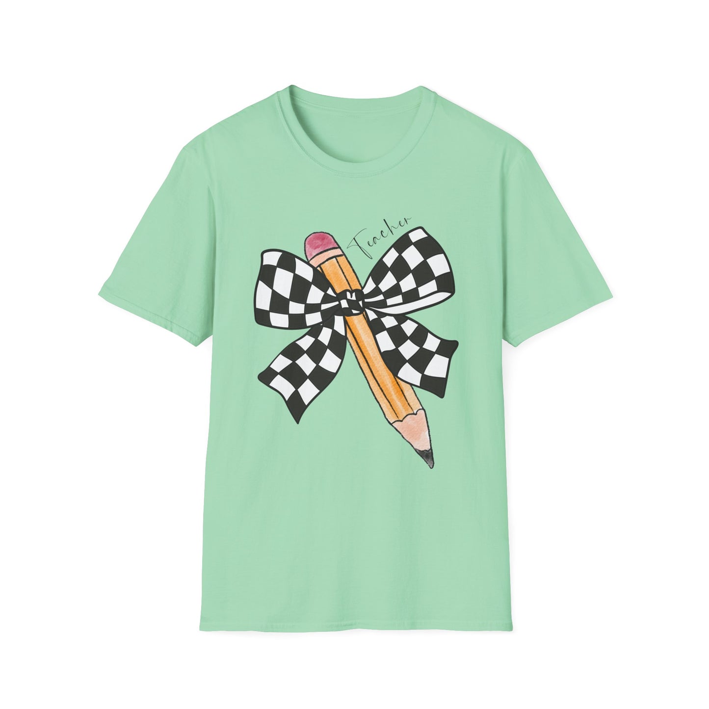 Checkered Bow + Pencil- Teacher Tee- Softstyle Unisex Tee