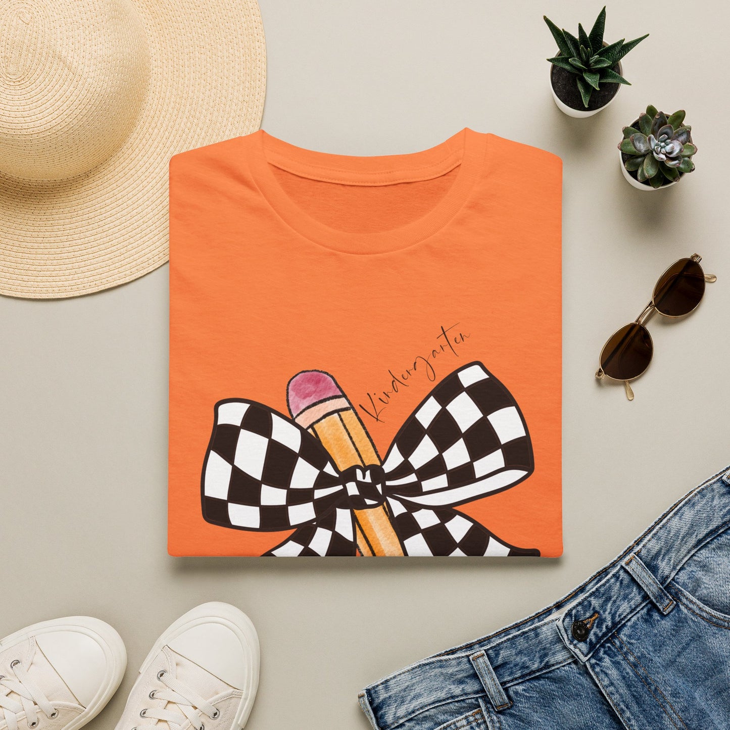 Kindergarten- Pencil & Checker Bow T‑Shirt — Teacher Collection