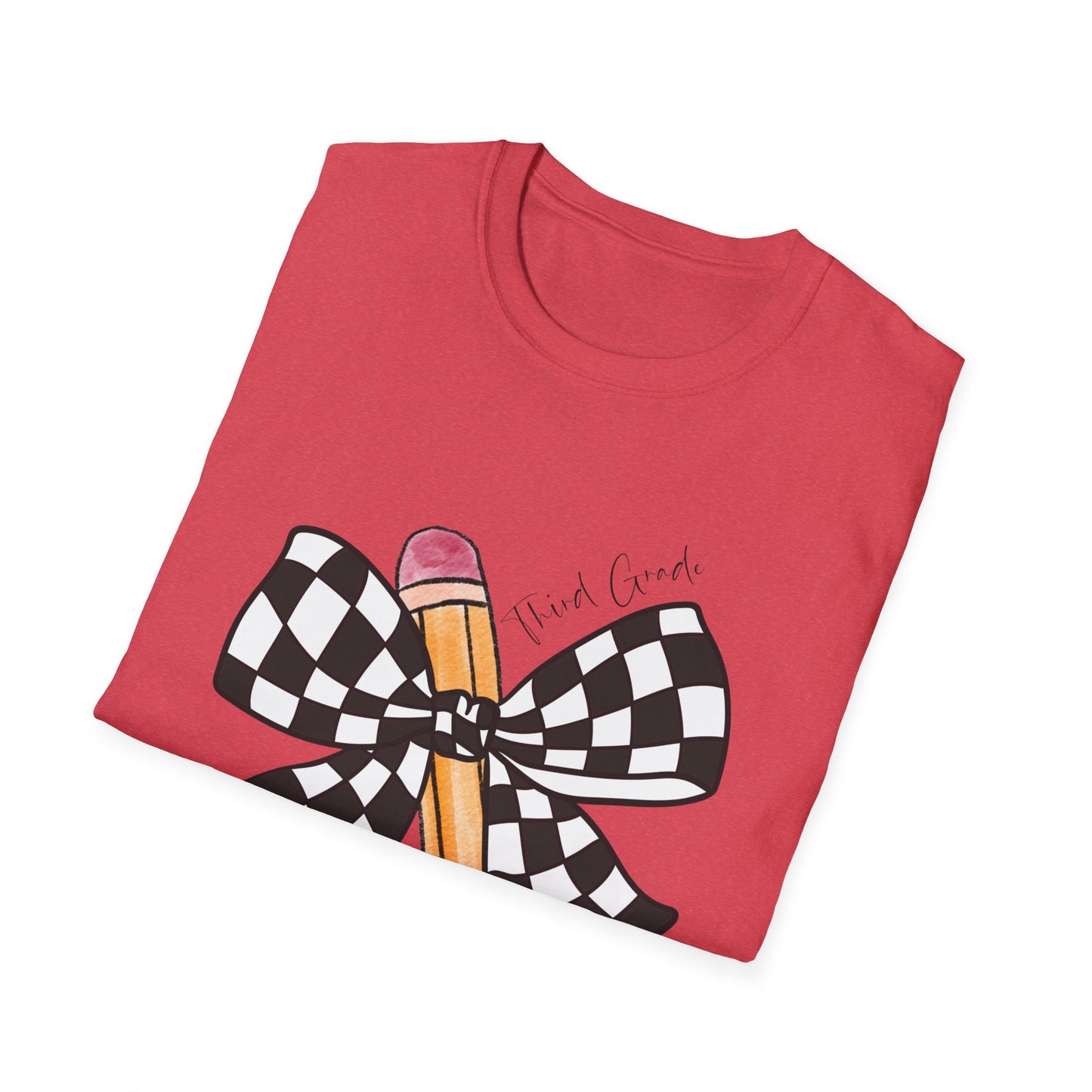 3rd Grade- Checkered Bow + Pencil- Teacher Tee- Softstyle Unisex Tee