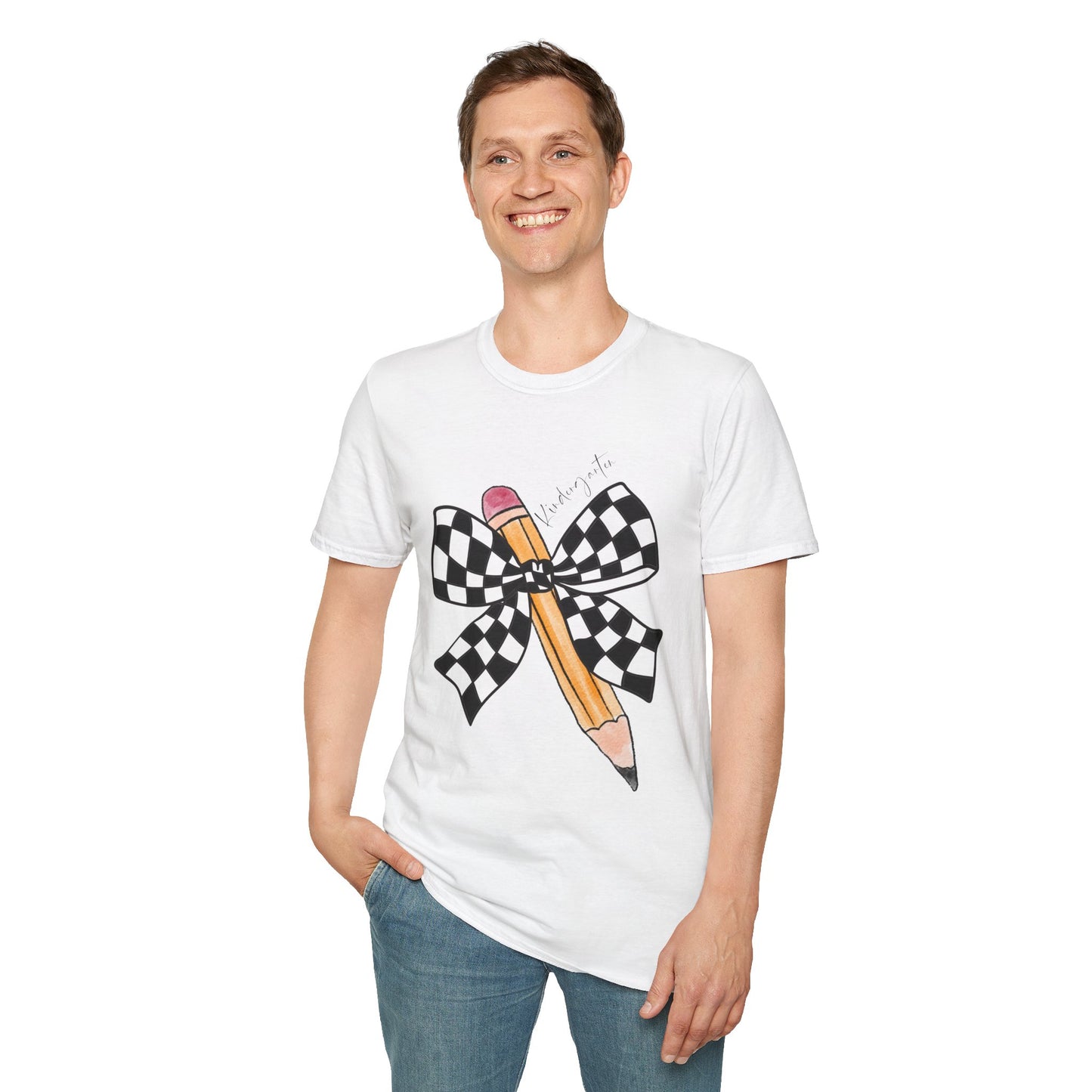 Kindergarten-Checkered Bow + Pencil- Teacher Tee- Softstyle Unisex Tee