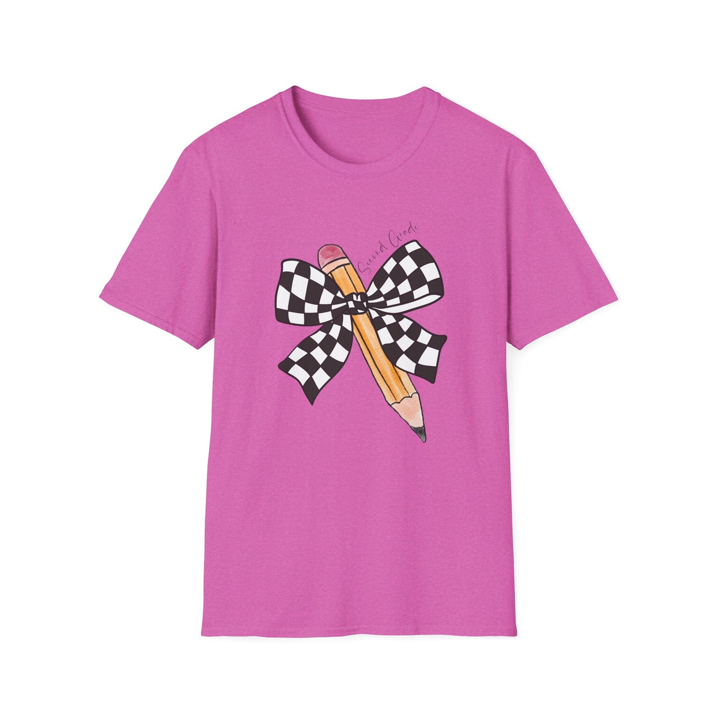 2nd Grade- Checkered Bow + Pencil- Teacher Tee- Softstyle Unisex Tee