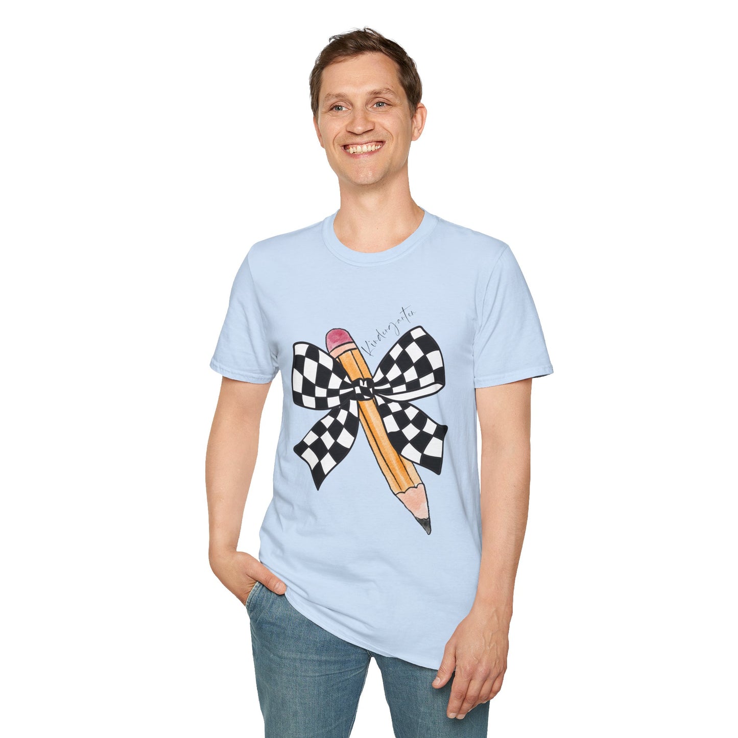 Kindergarten-Checkered Bow + Pencil- Teacher Tee- Softstyle Unisex Tee