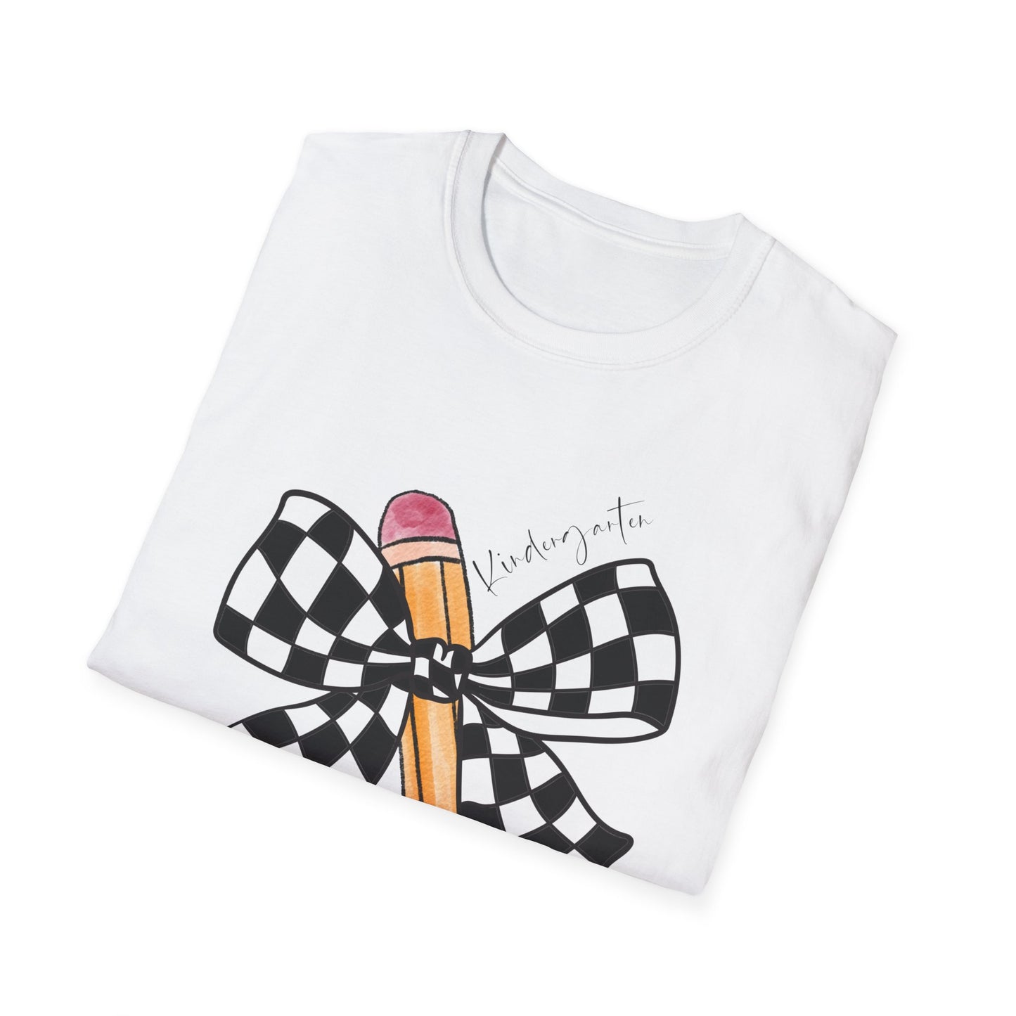 Kindergarten-Checkered Bow + Pencil- Teacher Tee- Softstyle Unisex Tee