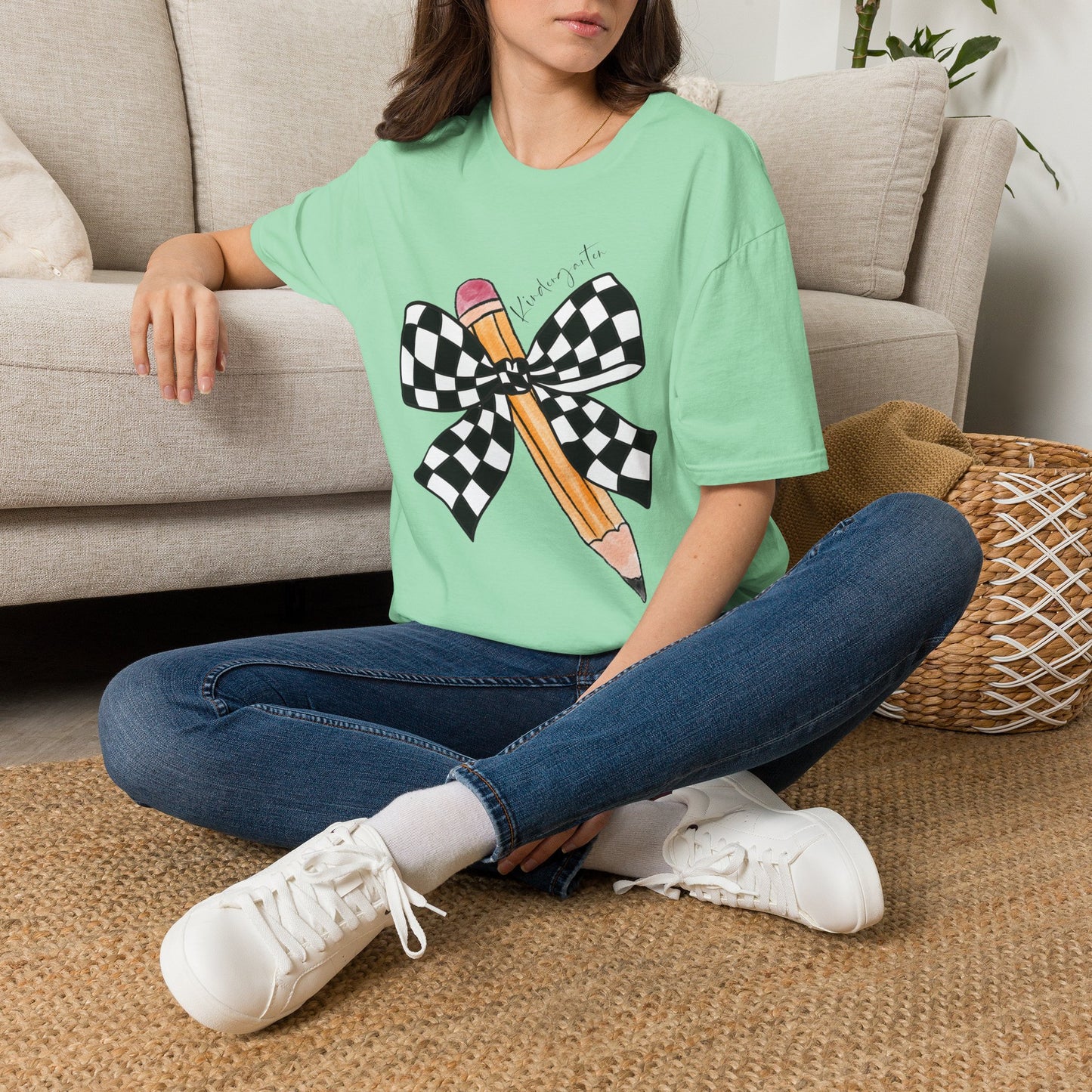 Kindergarten- Pencil & Checker Bow T‑Shirt — Teacher Collection