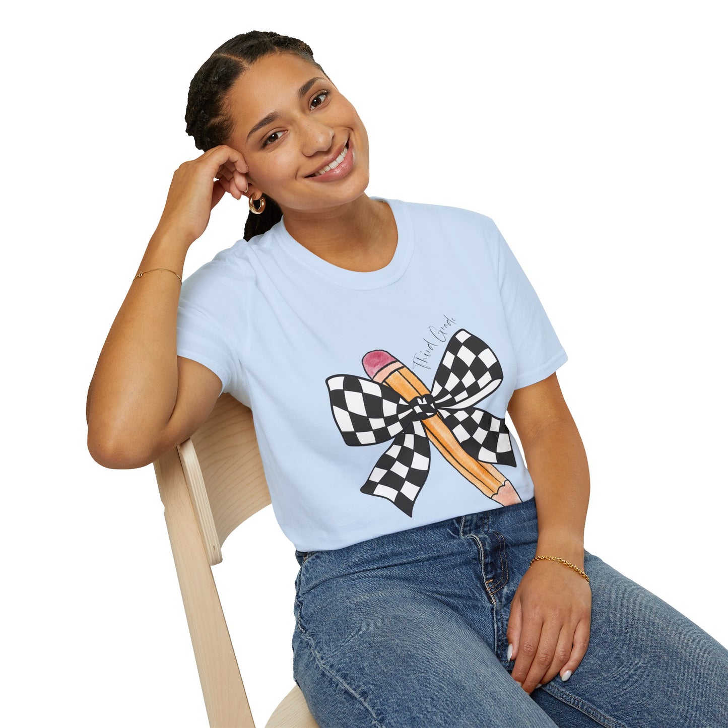 3rd Grade- Checkered Bow + Pencil- Teacher Tee- Softstyle Unisex Tee