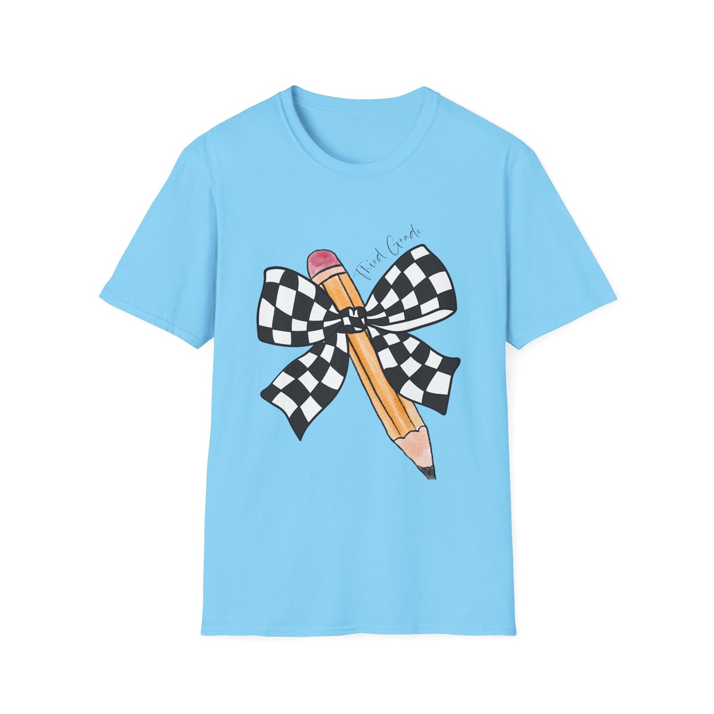 3rd Grade- Checkered Bow + Pencil- Teacher Tee- Softstyle Unisex Tee