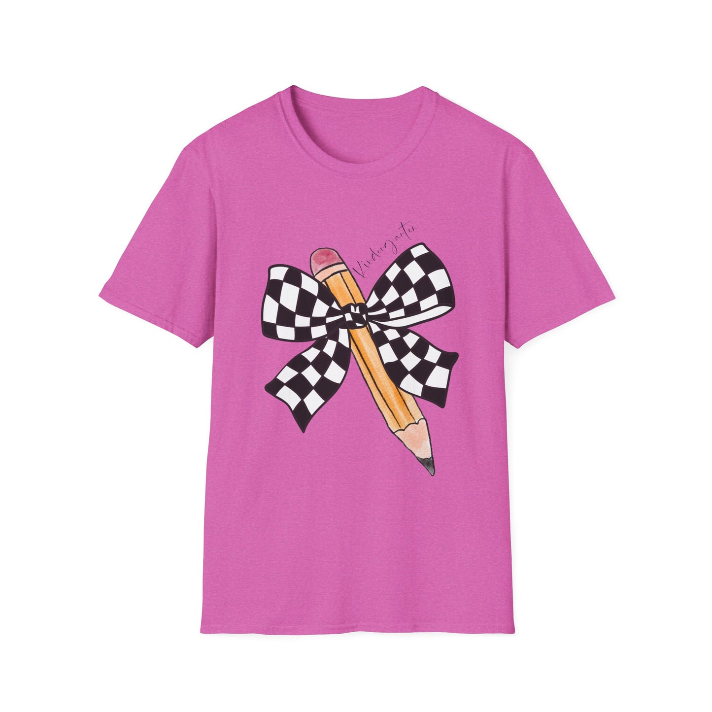 Kindergarten-Checkered Bow + Pencil- Teacher Tee- Softstyle Unisex Tee